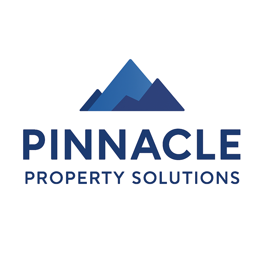 Logo for Pinnacle Property Solutions featuring stylized blue mountain peaks above the company name.