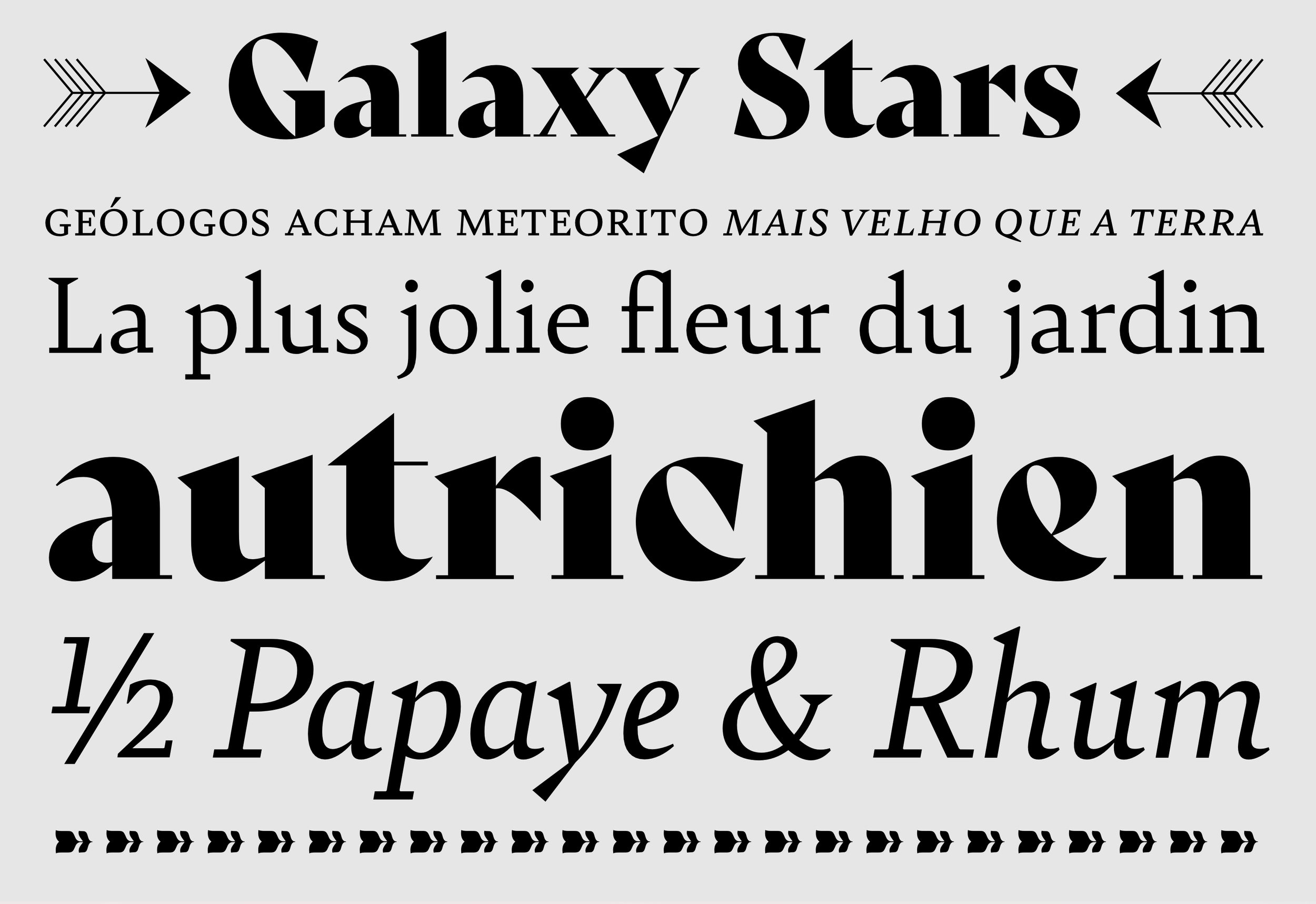 Text graphic with phrases in black font on a light gray background, including titles 'Galaxy Stars,' a quote about a meteorite, and words like 'beautiful flower,' 'authentic,' and cocktail ingredients 'papaya & rum,' decorated with arrows and a borde