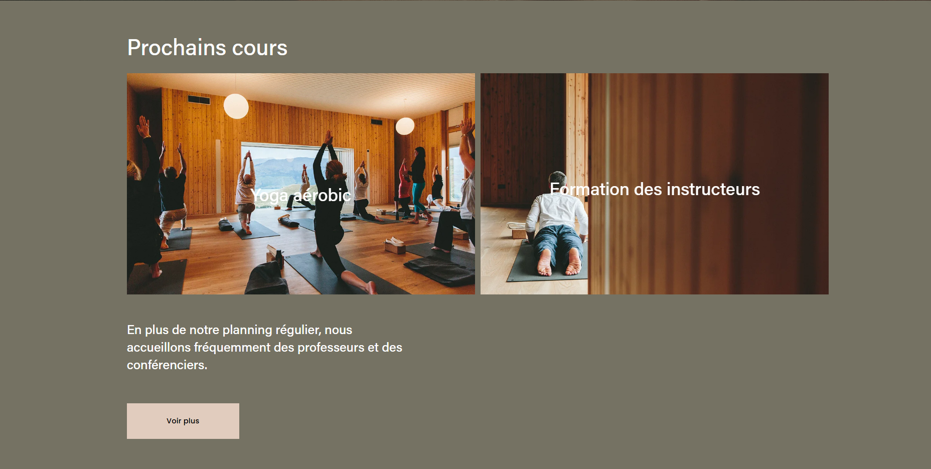 Page d'accueil - Section Prochain cours avec un CTA pour voir plus