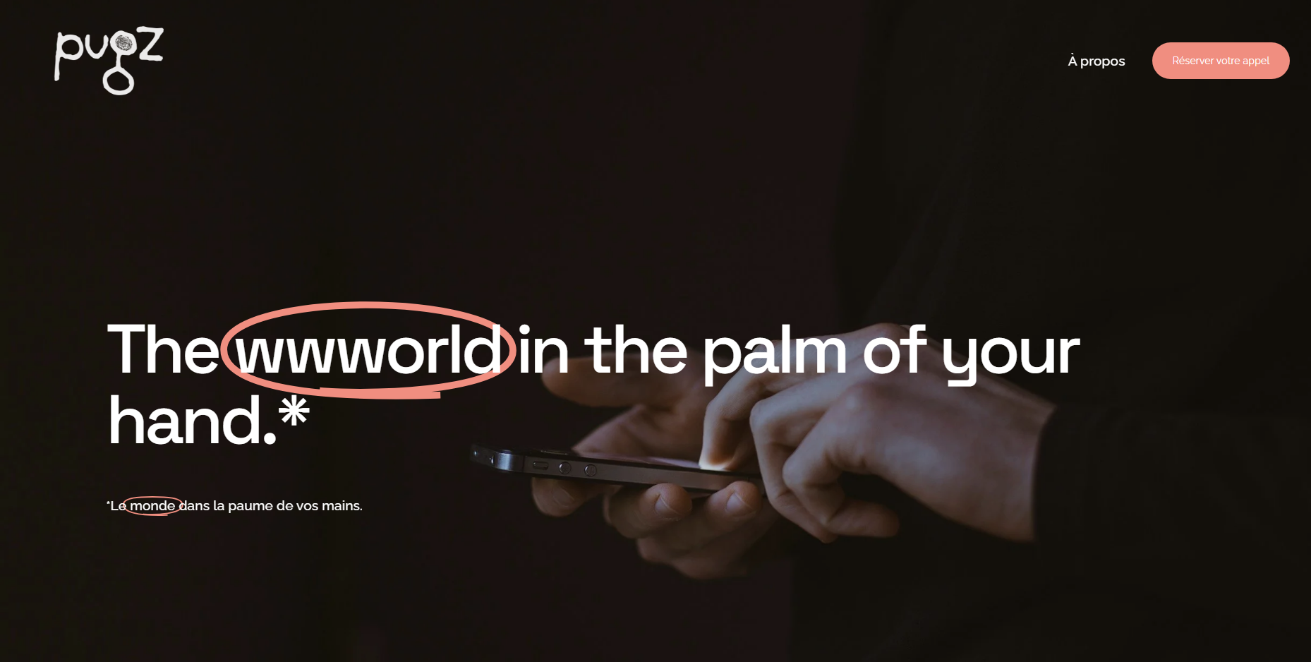 Website homepage with the logo 'pugz' in the top left corner, a call-to-action button 'Réserver votre appel' in the top right corner, and a background image of a person's hands holding a smartphone. The main text reads 'The wwworld in the palm of your hand.' with 'wwwworld' highlighted and encircled.
