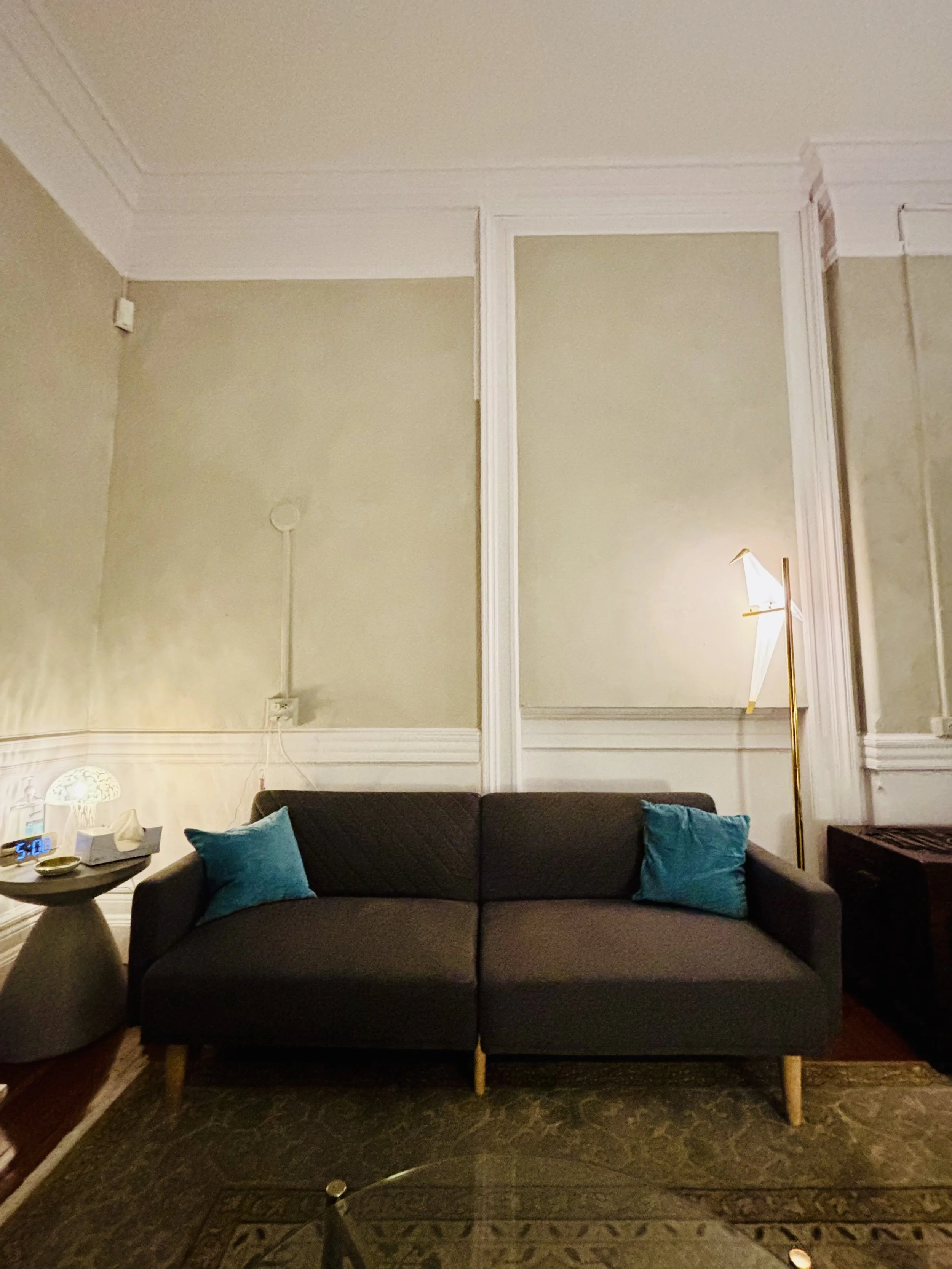 A living room with a dark sofa, two blue pillows, a side table with a lamp, a digital clock, and a tissue box, a standing floor lamp, and a large rug.