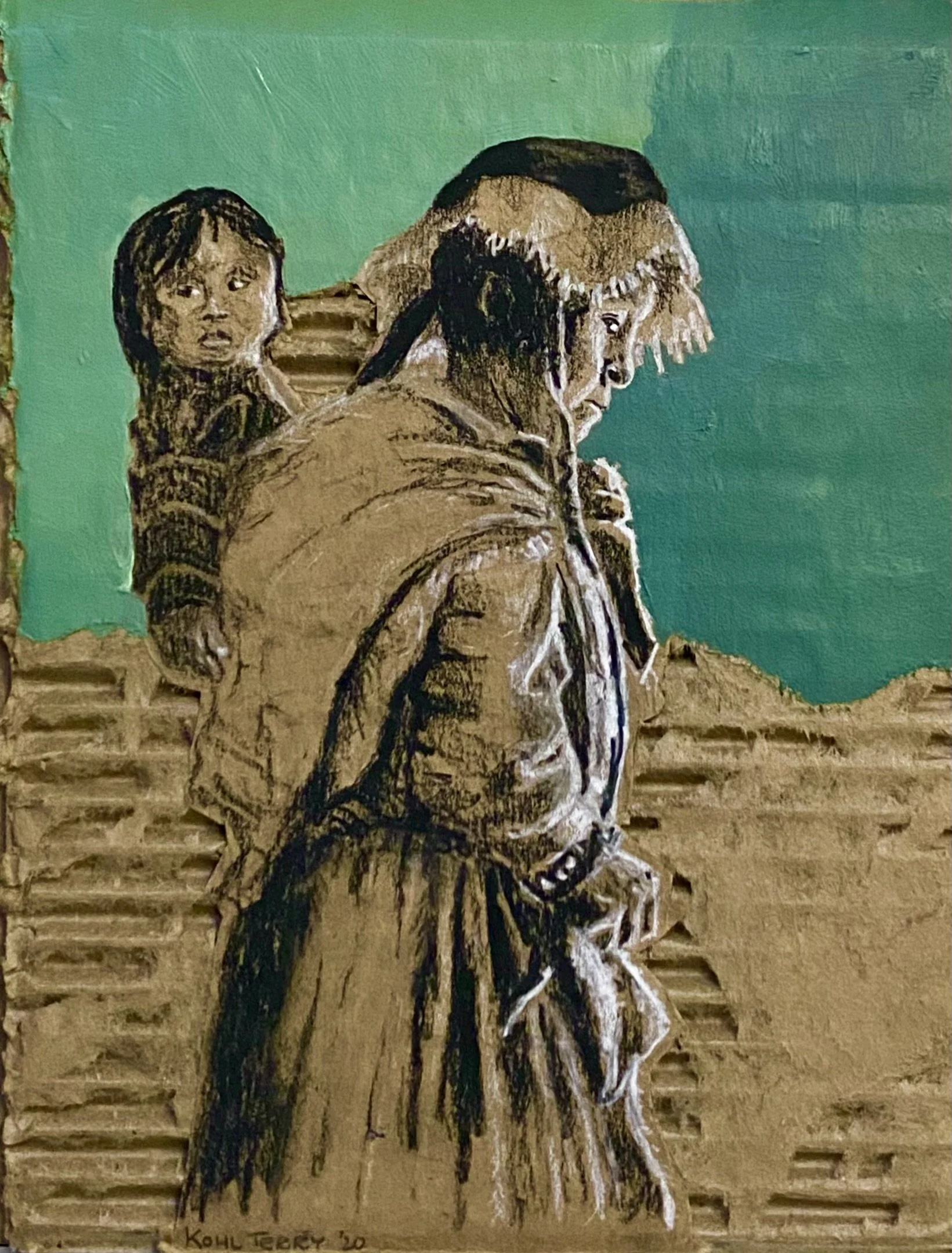 Painting of a woman carrying a child on her back, walking in a rural area with hills in the background, green sky, and a brick wall.