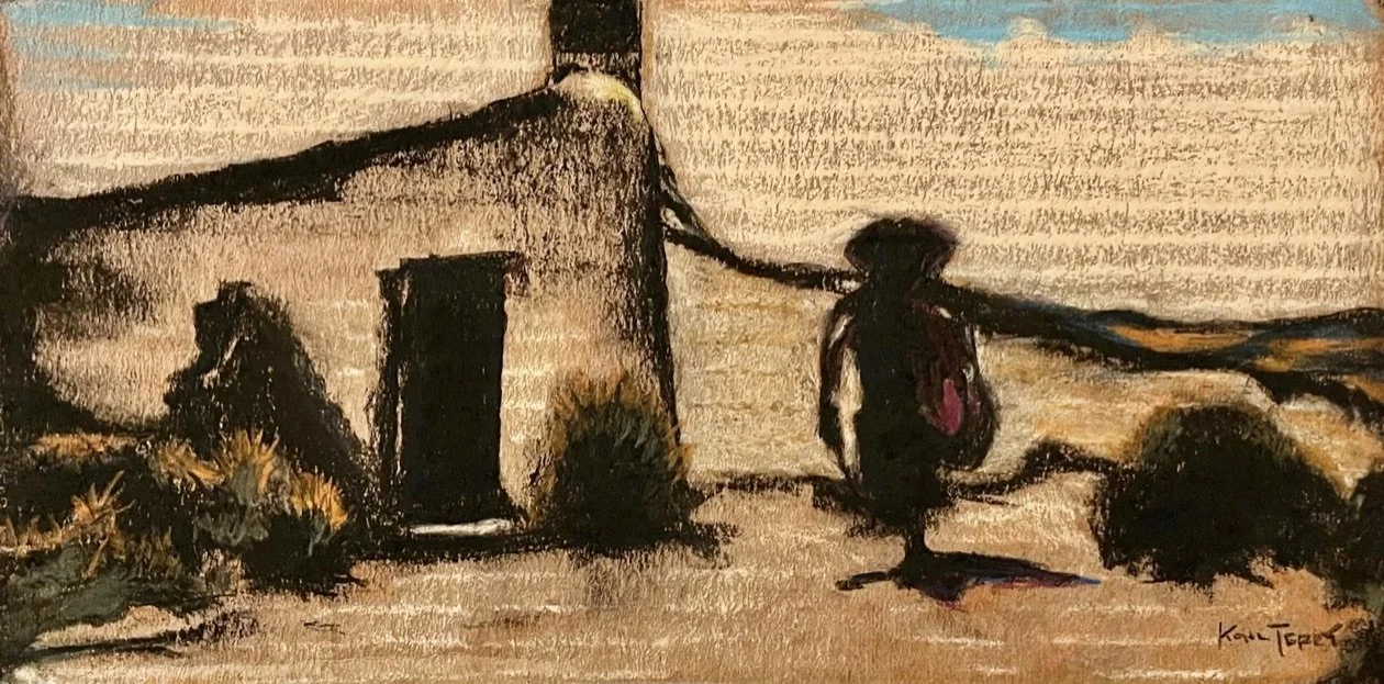 A rustic scene with a small house, a person walking nearby carrying a pink bag, and some bushes, in a warm-toned, impressionistic style