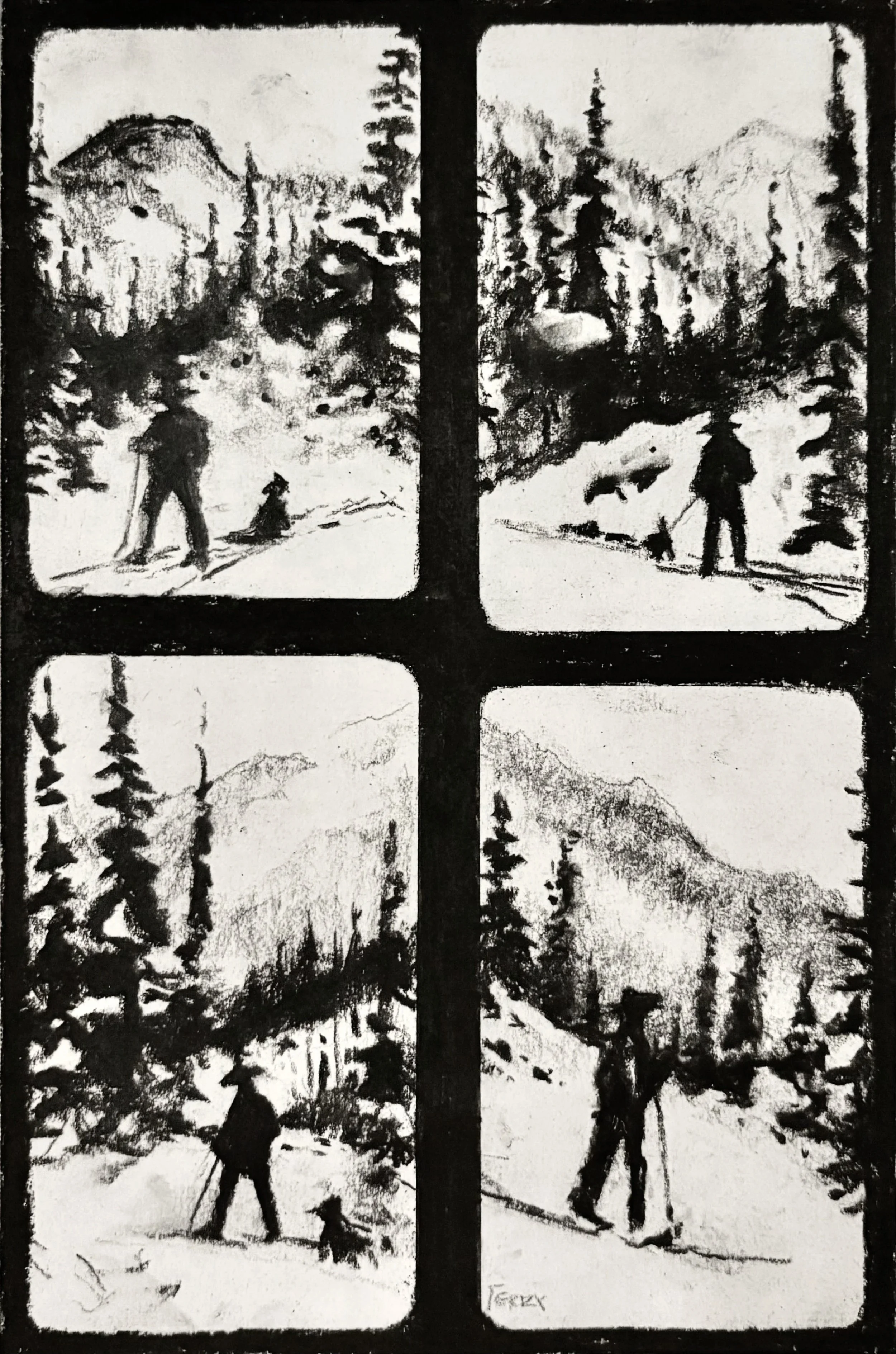 Black and white artistic depiction of people skiing and snowboarding in a mountainous, forested winter landscape, divided into four sections.