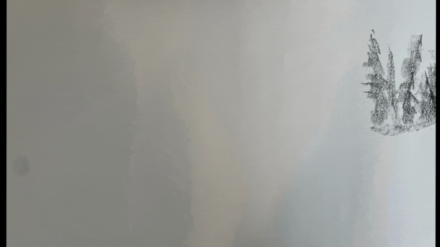 A charcoal animation of a skier's wild ride down the snowy mountain.