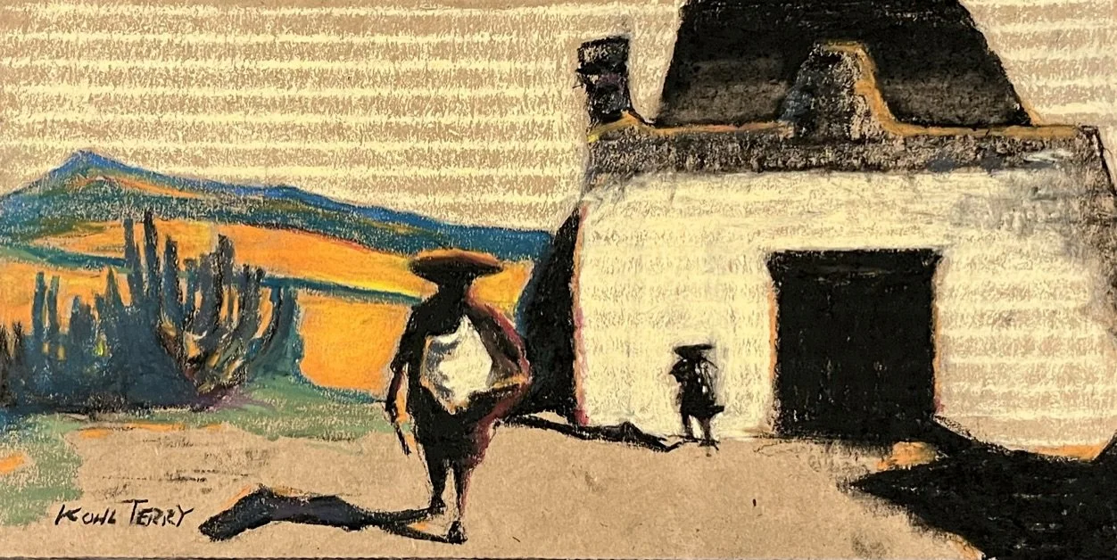 A painting depicts a rural scene with a man wearing a hat and strumming a guitar, a small dog, a white adobe house with a dark roof, and colorful fields in the background. The artist's signature is visible in the lower left corner.
