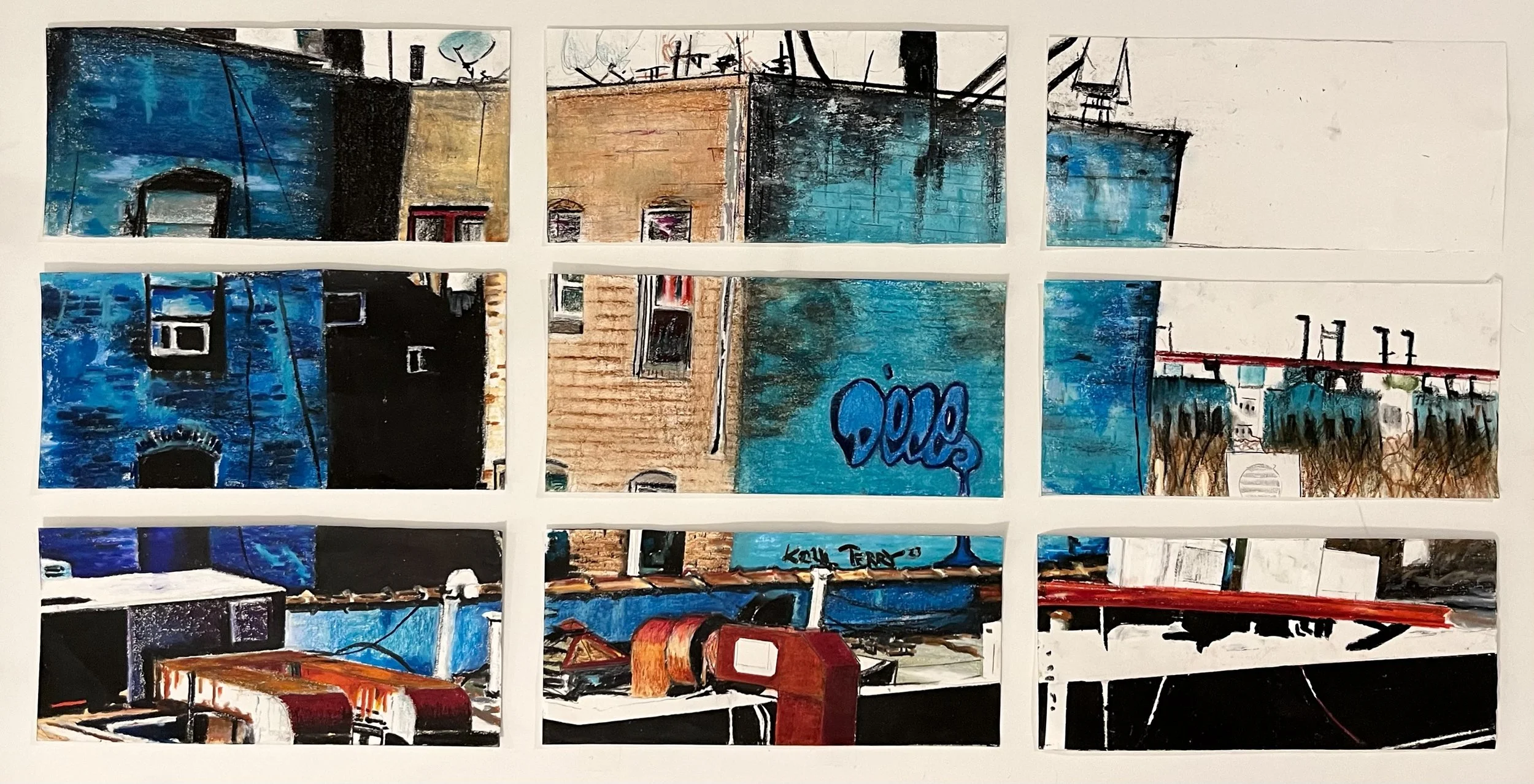 A colorful abstract painting of city buildings and rooftops, divided into nine panels, featuring blue, brown, black, and red tones with graffiti and rooftop details.