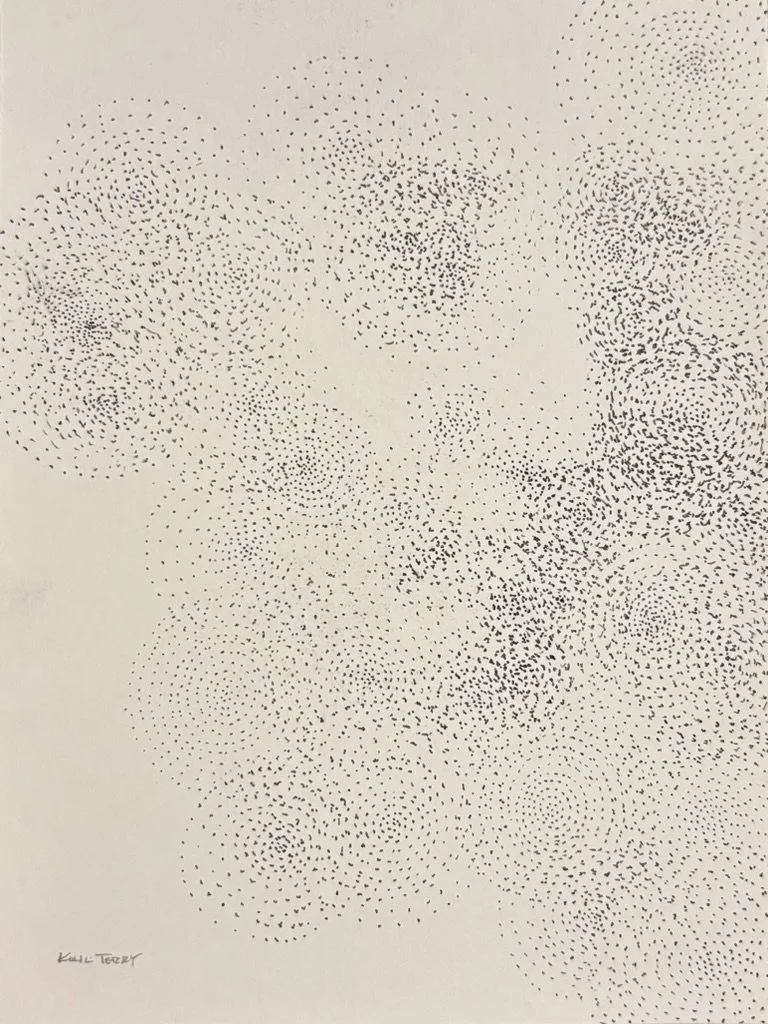 Abstract portrait composed of numerous small black dots arranged in concentric circular patterns on a white background.