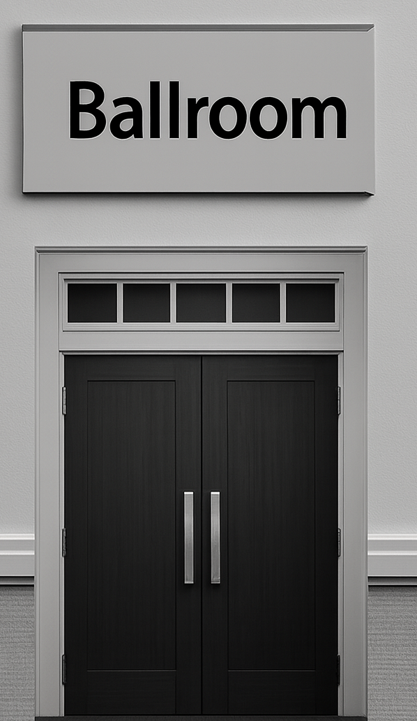 Double doors labeled as a ballroom with a sign above.