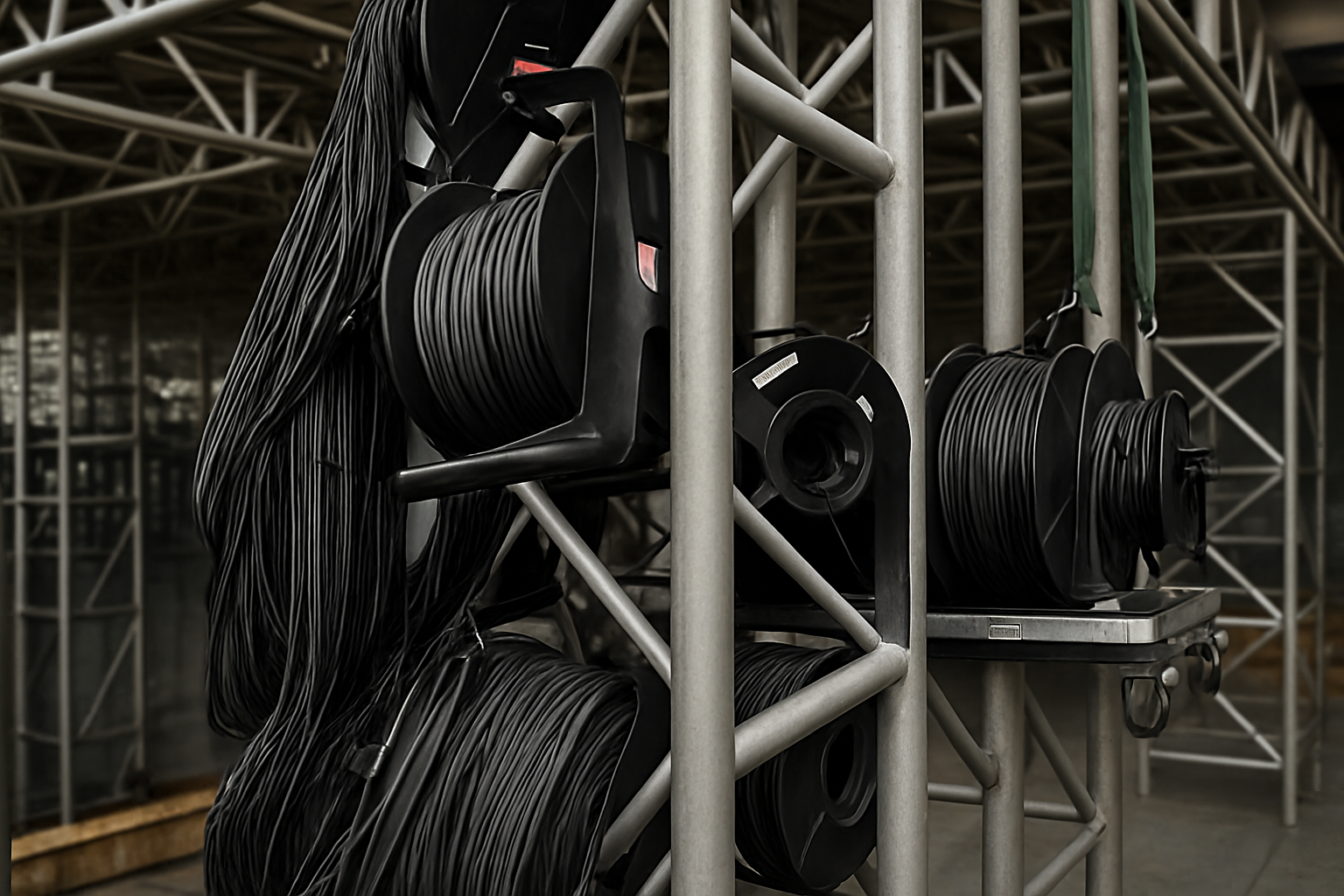 Multiple spools of black cable stored on a metal rack in a warehouse.