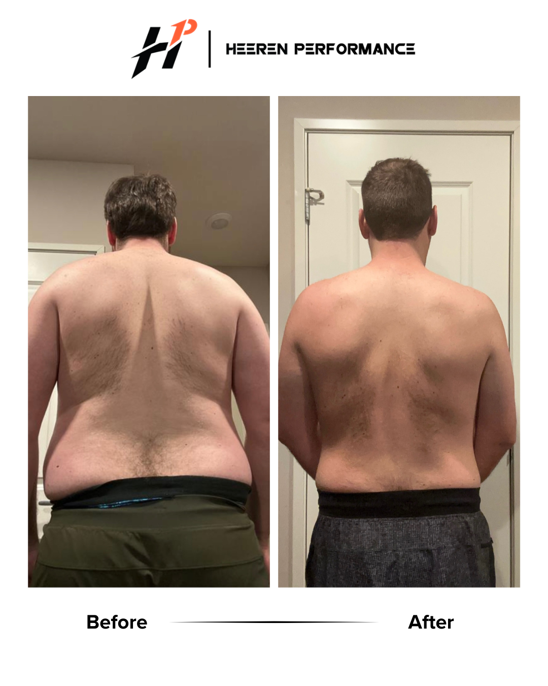 Side-by-side comparison of a man's back before and after a workout or fitness transformation, showing weight loss and muscle toning. The left photo is labeled 'Before' and the right photo is labeled 'After'.