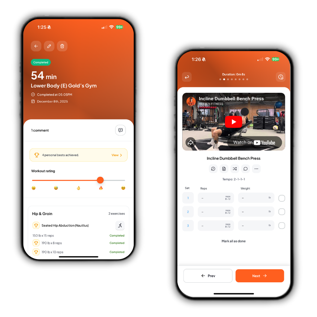 Screenshots of a fitness app on a smartphone displaying workout details and a video tutorial for a lower body exercise, with the time, date, and progress indicators.