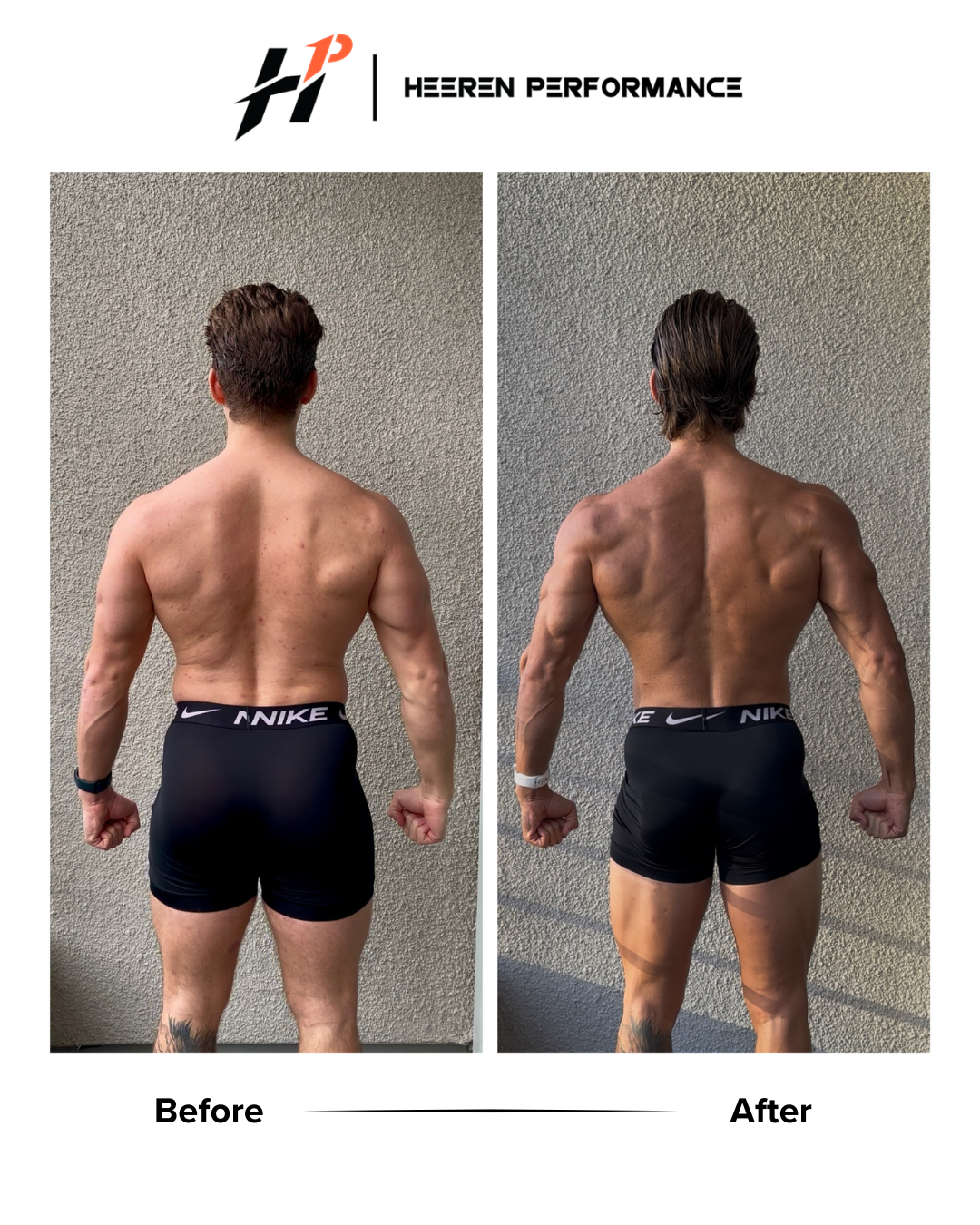Side-by-side comparison photo of a man's back before and after fitness training, showing increased muscle definition and reduced body fat.