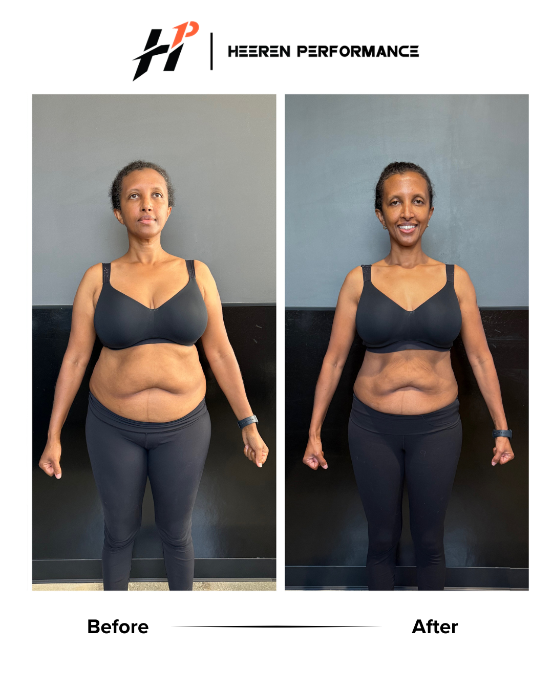 Side-by-side comparison of a woman before and after a fitness transformation, showing weight loss and improved muscle tone, wearing black workout clothes, in front of a gray wall.