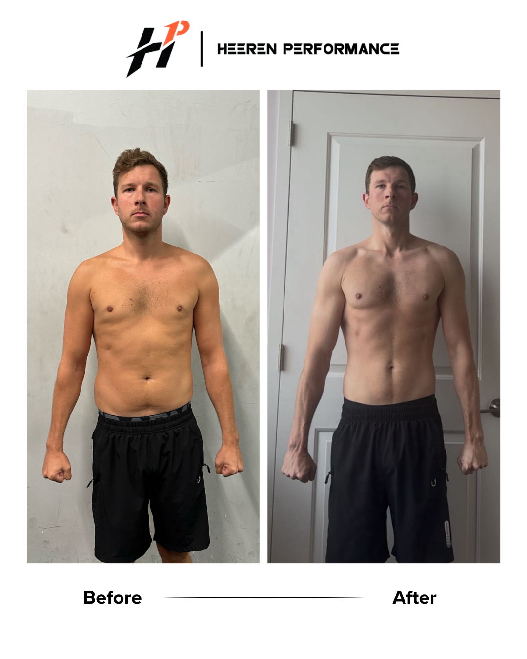 Side-by-side photos of a shirtless man showcasing fitness progress; the left labeled 'Before' and the right labeled 'After'. He is wearing black shorts in both images and has undergone a physical transformation.