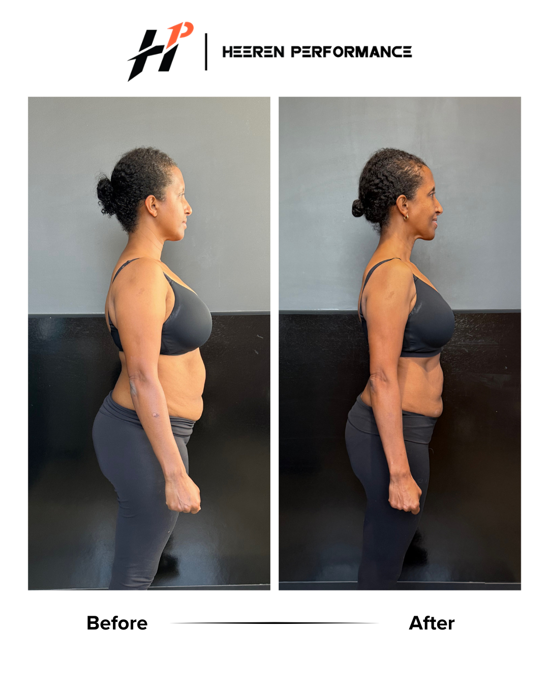 Side-by-side comparison of a woman before and after a fitness transformation, showing weight loss and muscle toning, with labels 'Before' and 'After'.
