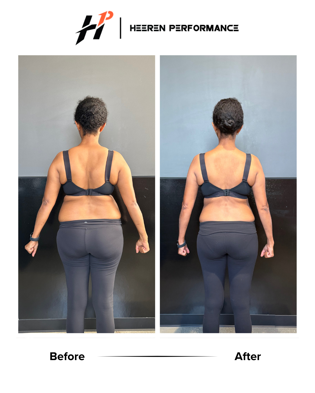 Side-by-side comparison of a woman before and after a fitness transformation, showing weight loss and muscle toning.