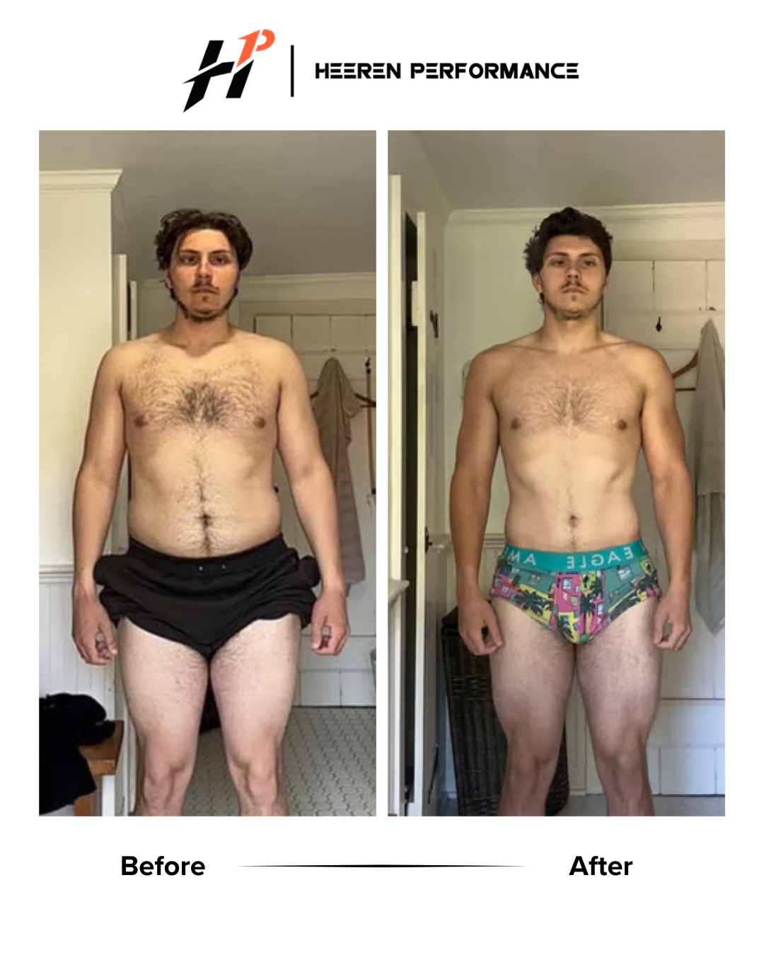 Side-by-side comparison of a shirtless man with a beard and dark hair, showing a transformation with weight loss and muscle gain. The left photo is labeled "Before" and the right "After," with the man wearing different underwear in each image.