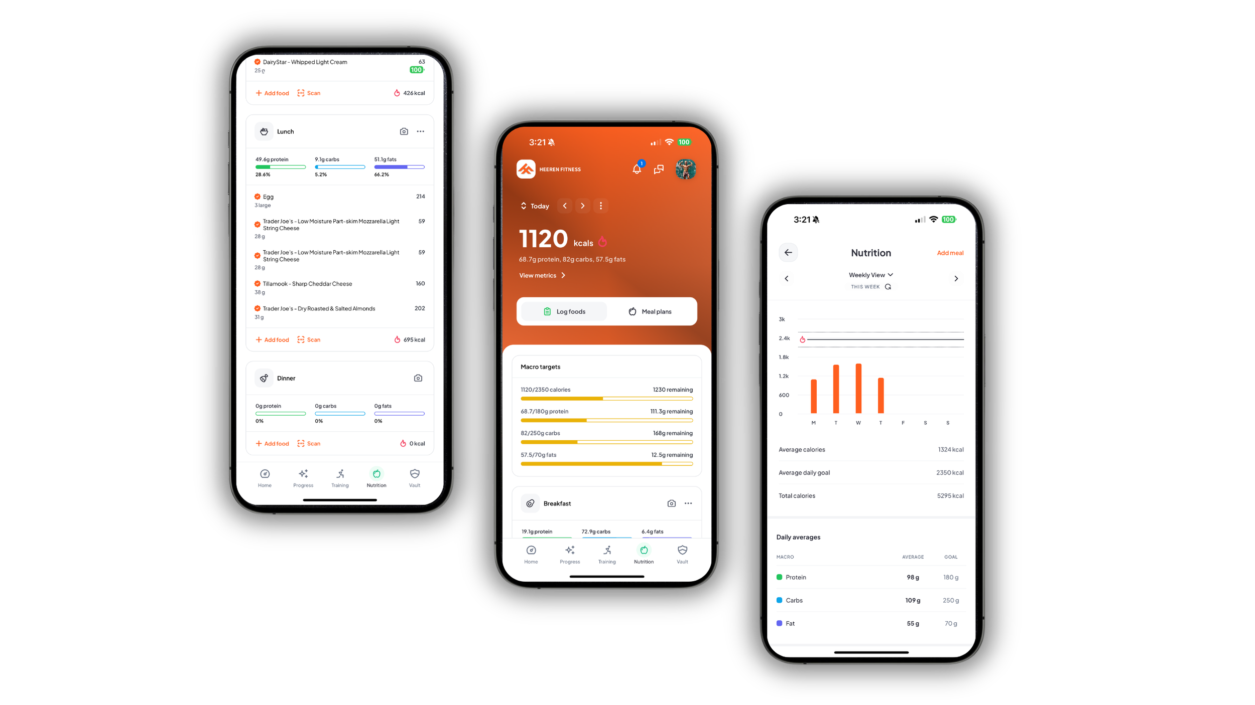 Three mobile phone screens displaying fitness and nutrition tracking apps against a black background. The left screen shows a food log, the middle screen displays daily calorie intake, and the right screen presents weekly nutrition data with a bar chart.