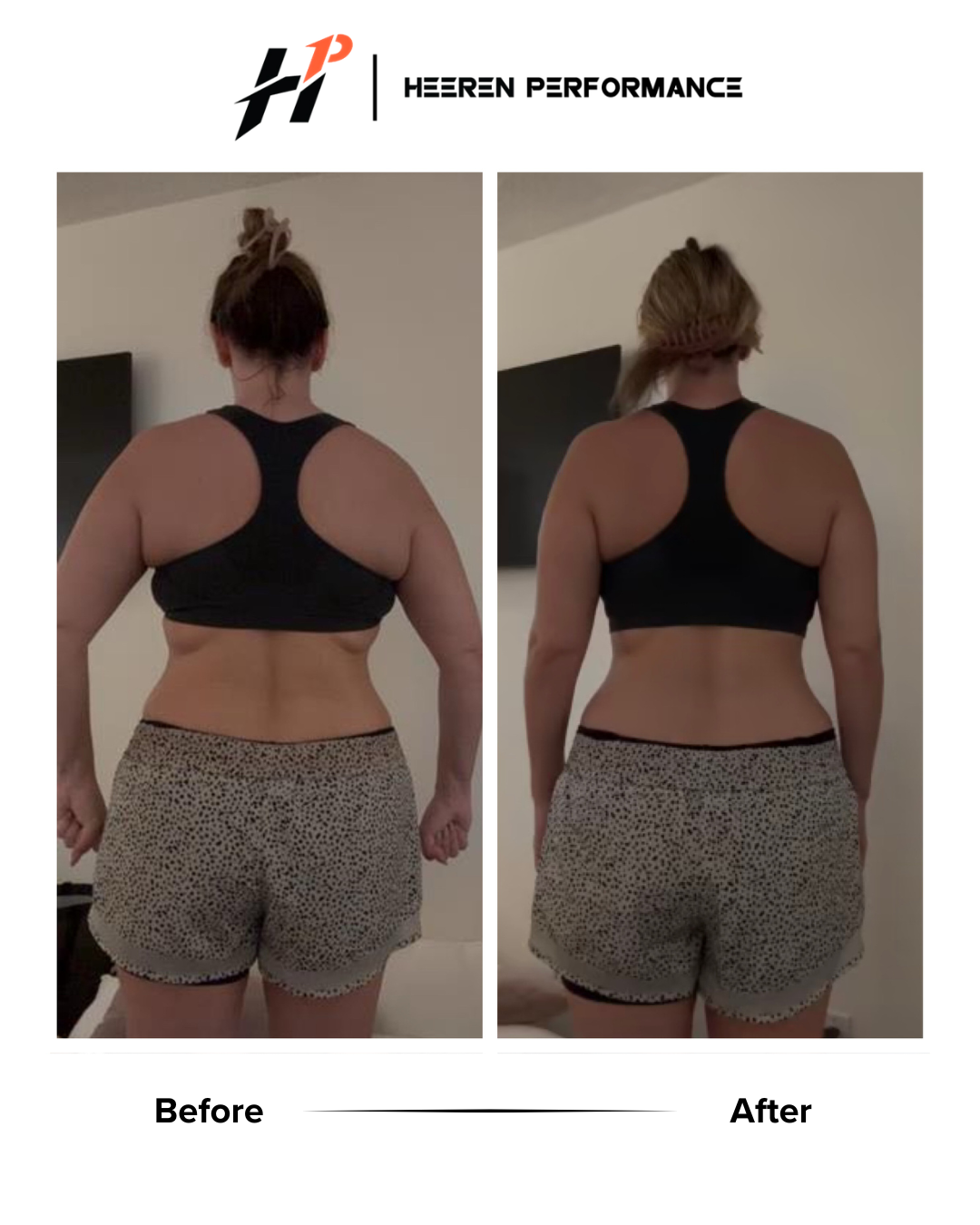 Side-by-side comparison of a woman before and after weight loss, showing back view in black sports bra and patterned shorts. The 'before' image shows more body fat, while the 'after' image shows a leaner physique.