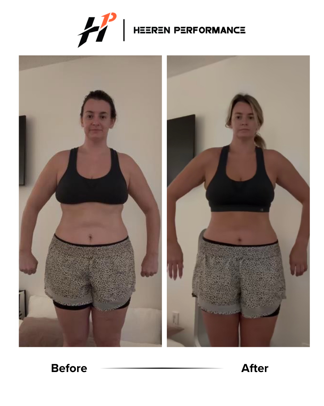 Side-by-side photos of a woman showing weight loss transformation, labeled 'Before' and 'After,' with fitness branding at the top.