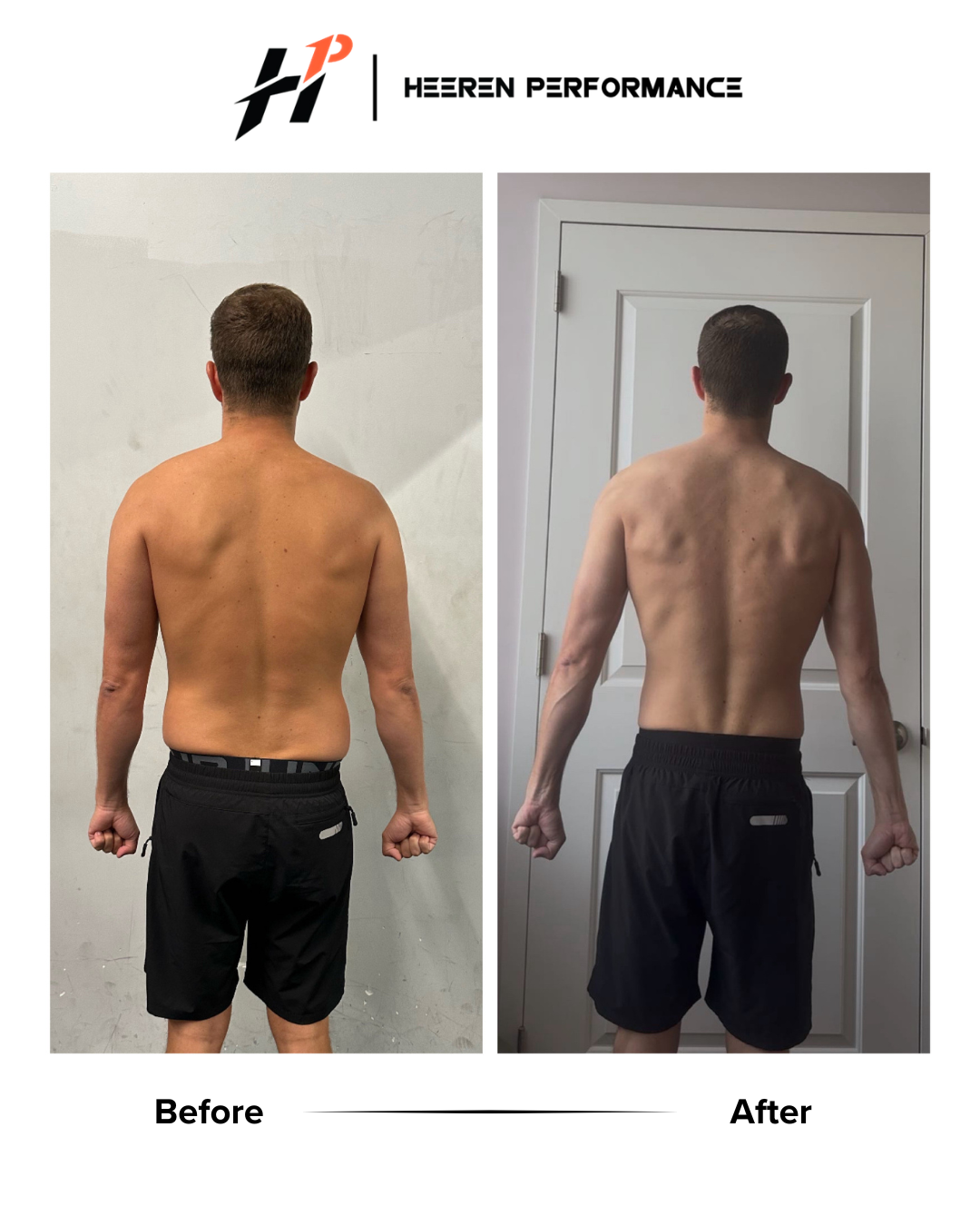 Side-by-side comparison of a shirtless man before and after a fitness transformation, showing improvements in muscle tone and body composition. The 'Before' photo is on the left against a plain wall, and the 'After' photo is on the right in front of a door.