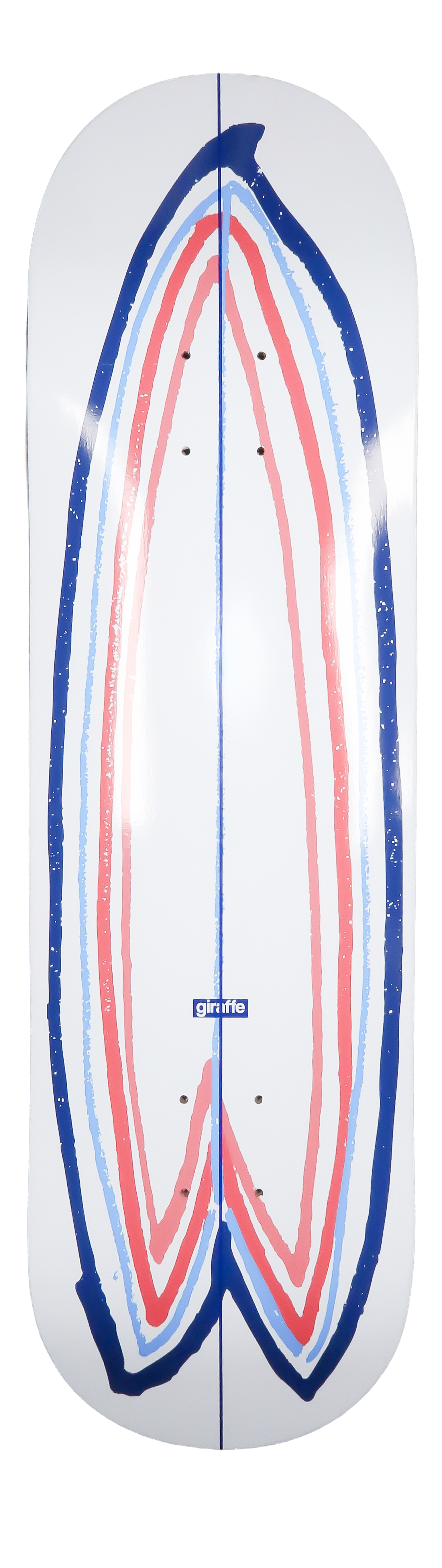 Skateboard deck with a butterfly wing design in pink, white, and blue colors.