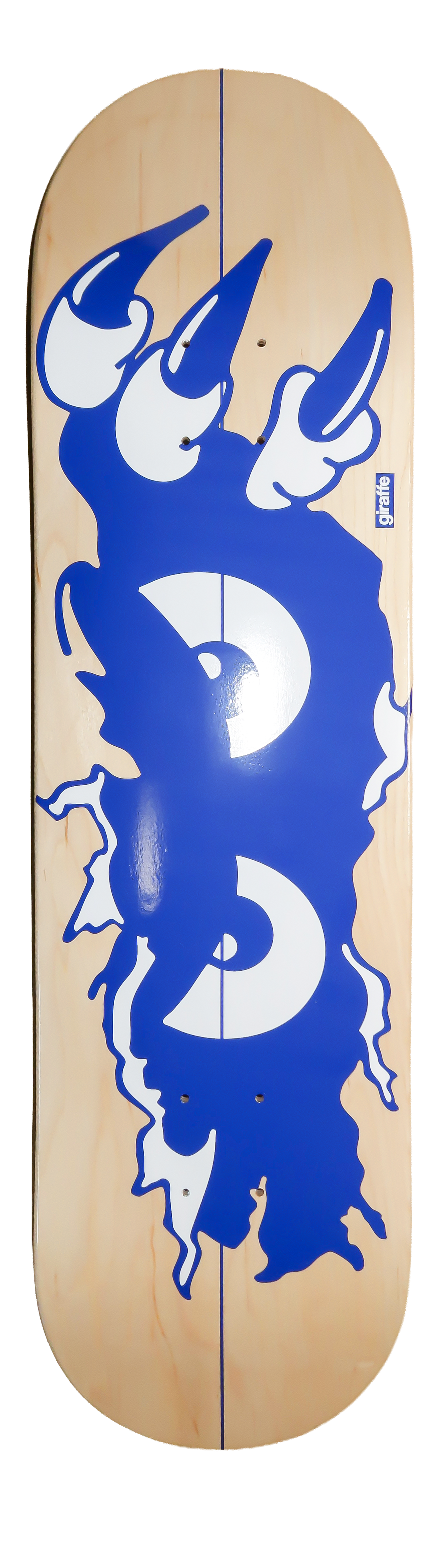 A skateboard deck with a wood grain background featuring a large, stylized blue and white graphic of a dragon with sharp claws, a long tail, and flames. The word "girafe" is written in white on a small blue tag.