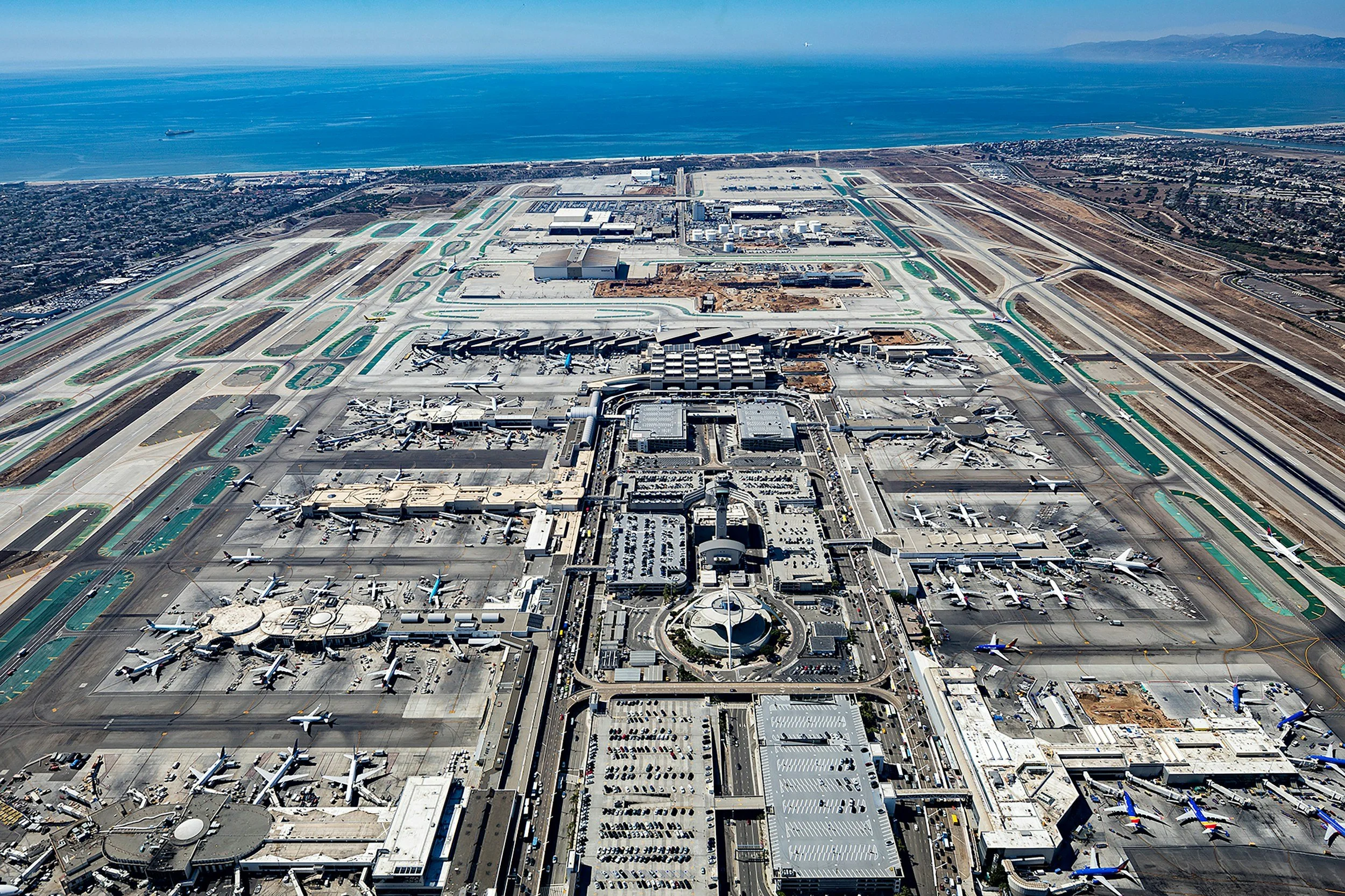 LAX airport Birdseye view with the Pacific Ocean in the background