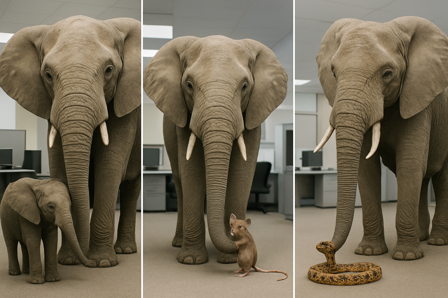 Elephant with calf, with mouse and with rattlesnake in an office in front of some desks