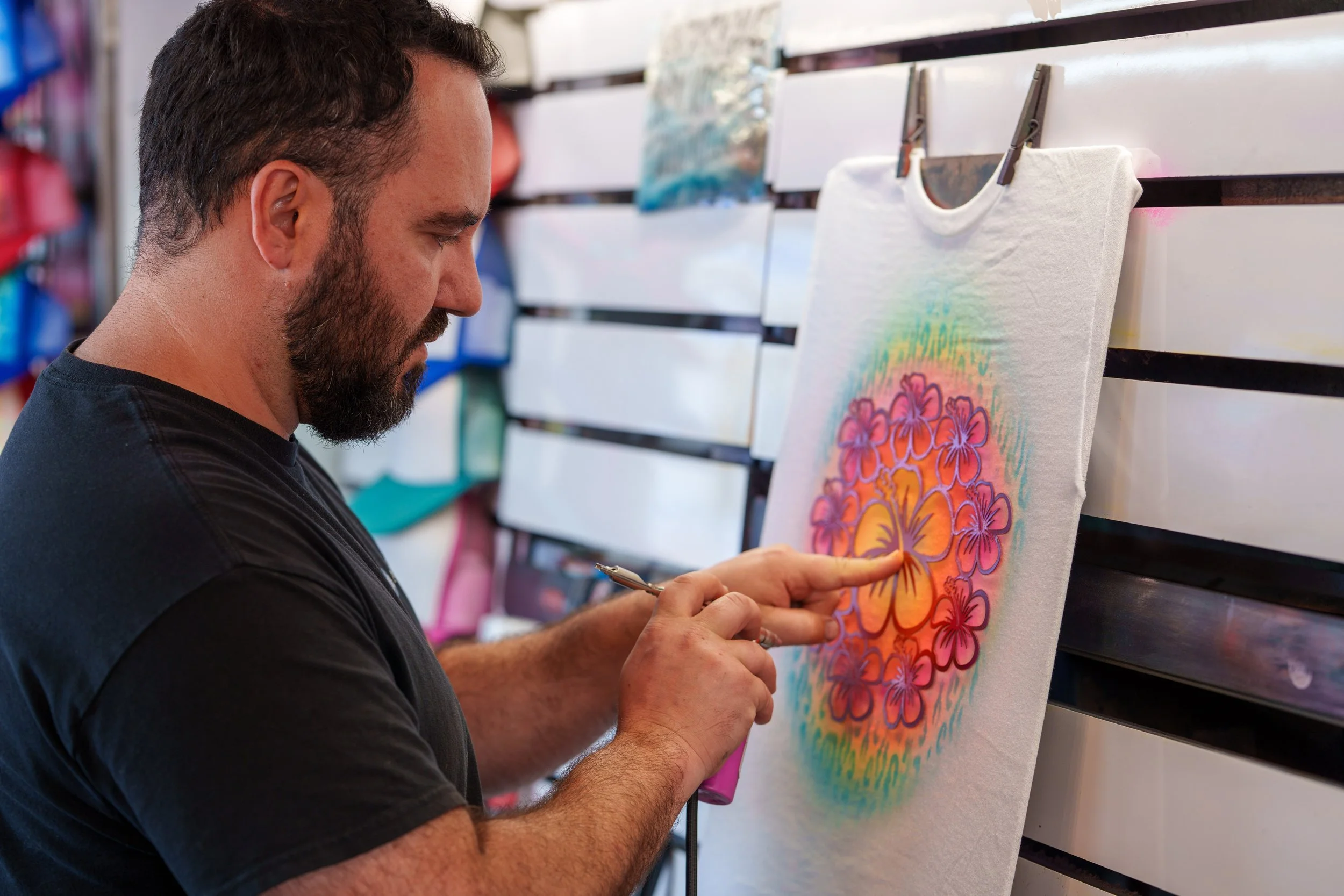 Environmental portrait of the owner of Old Orchard Beach Airbrush in Maine