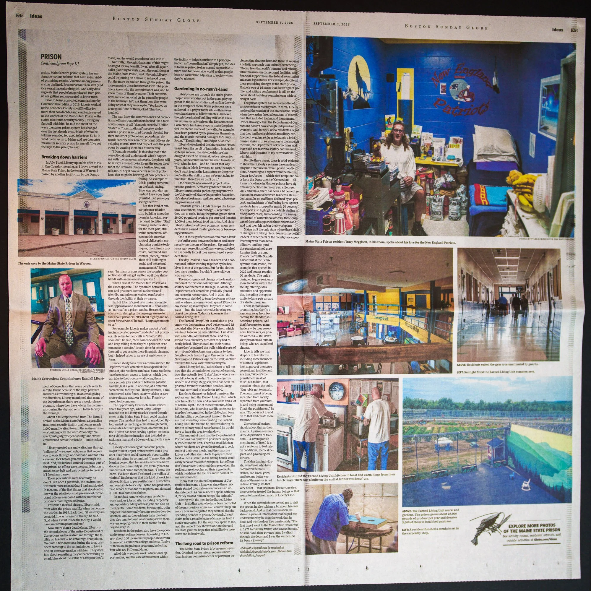 The Sunday Boston Globe two-page editorial centerfold photo essay documenting Maine State Prison by Tyler Robinson.