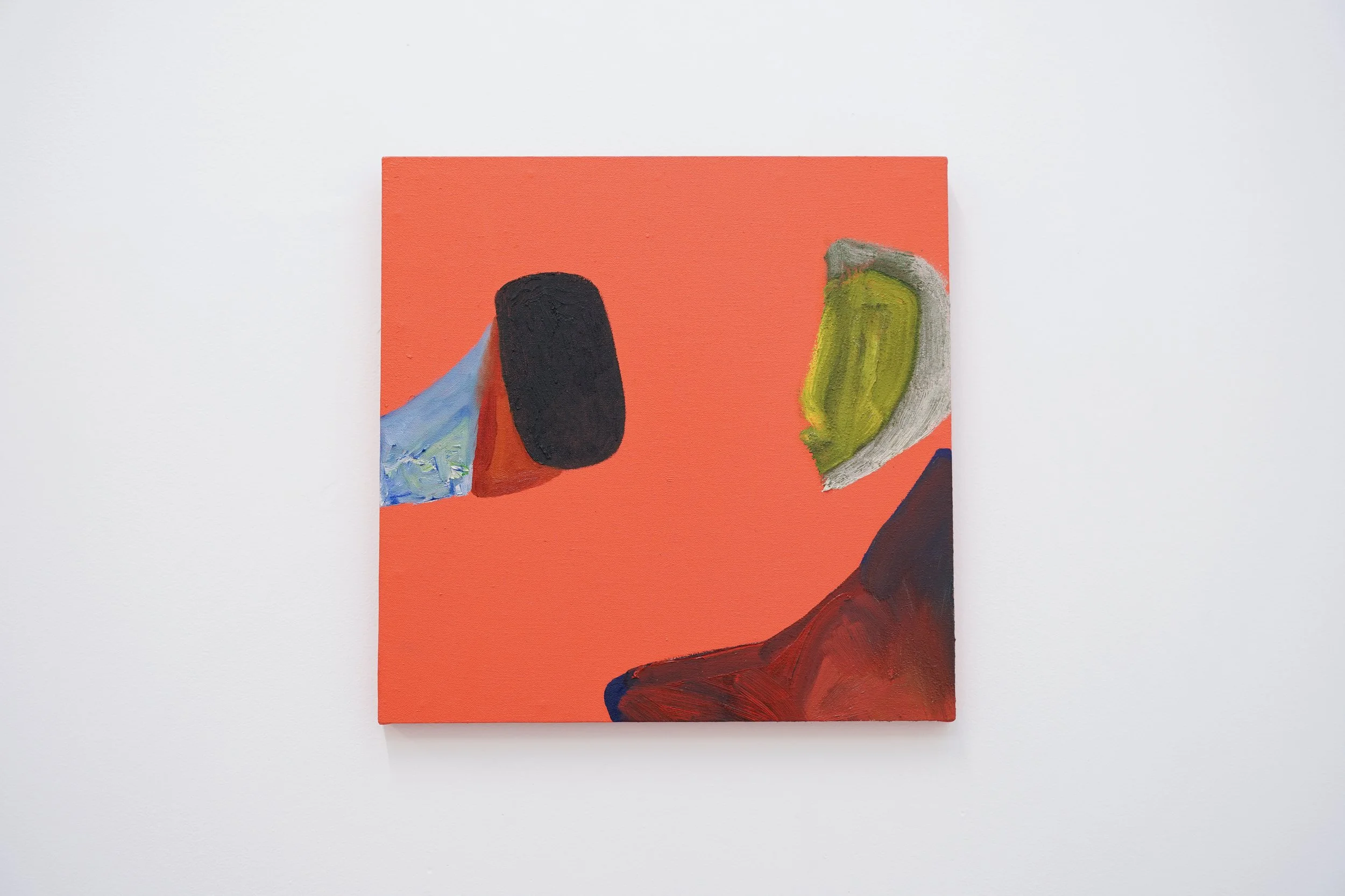 Abstract painting on canvas with a red background, featuring a black shape on the left and a green and gray shape on the right, with hints of blue and brown.