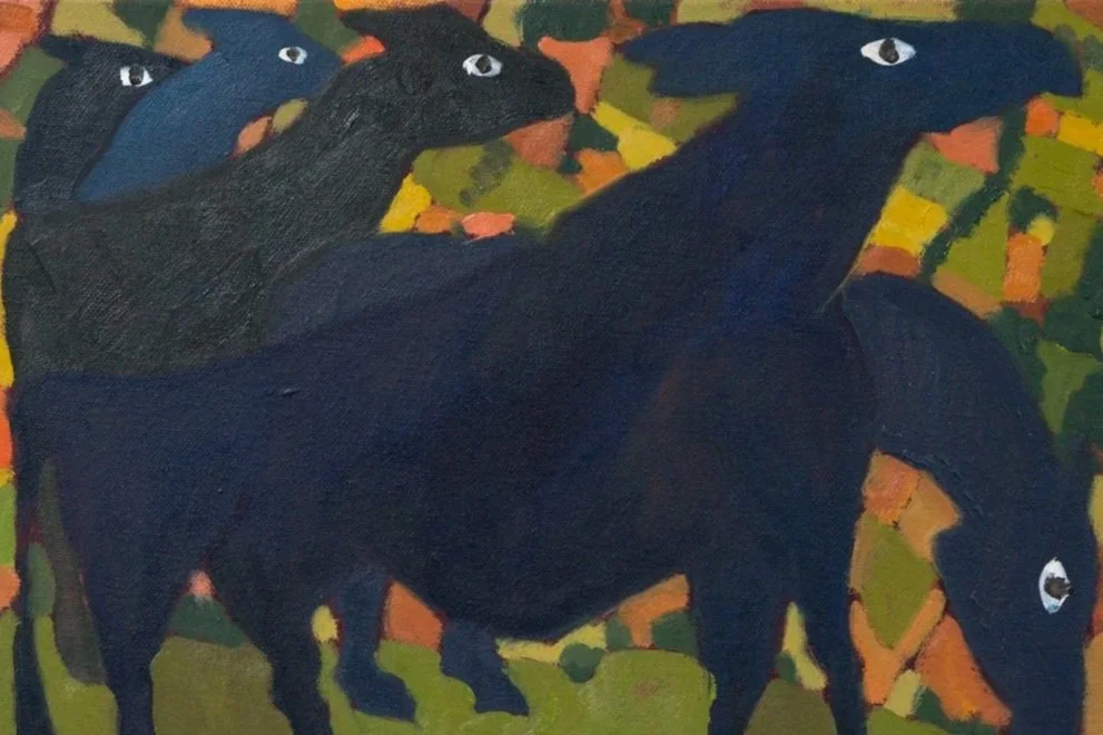 Painting of three black dogs with white eyes against a colorful background of green, orange, and yellow.