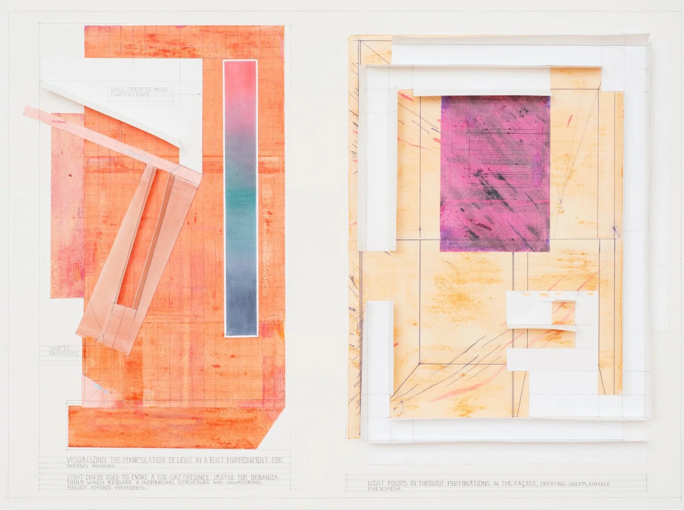 Architectural blueprint with sketches, colors, and notes for a building design, featuring a section with a purple area and another with orange and white structures.