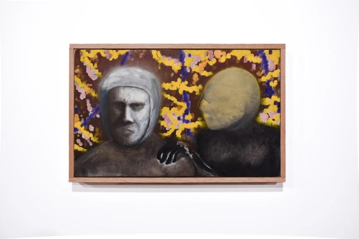 A surreal painting featuring a person with a stern face wearing a helmet, and a face with the moon for a head, set against a colorful, abstract background.