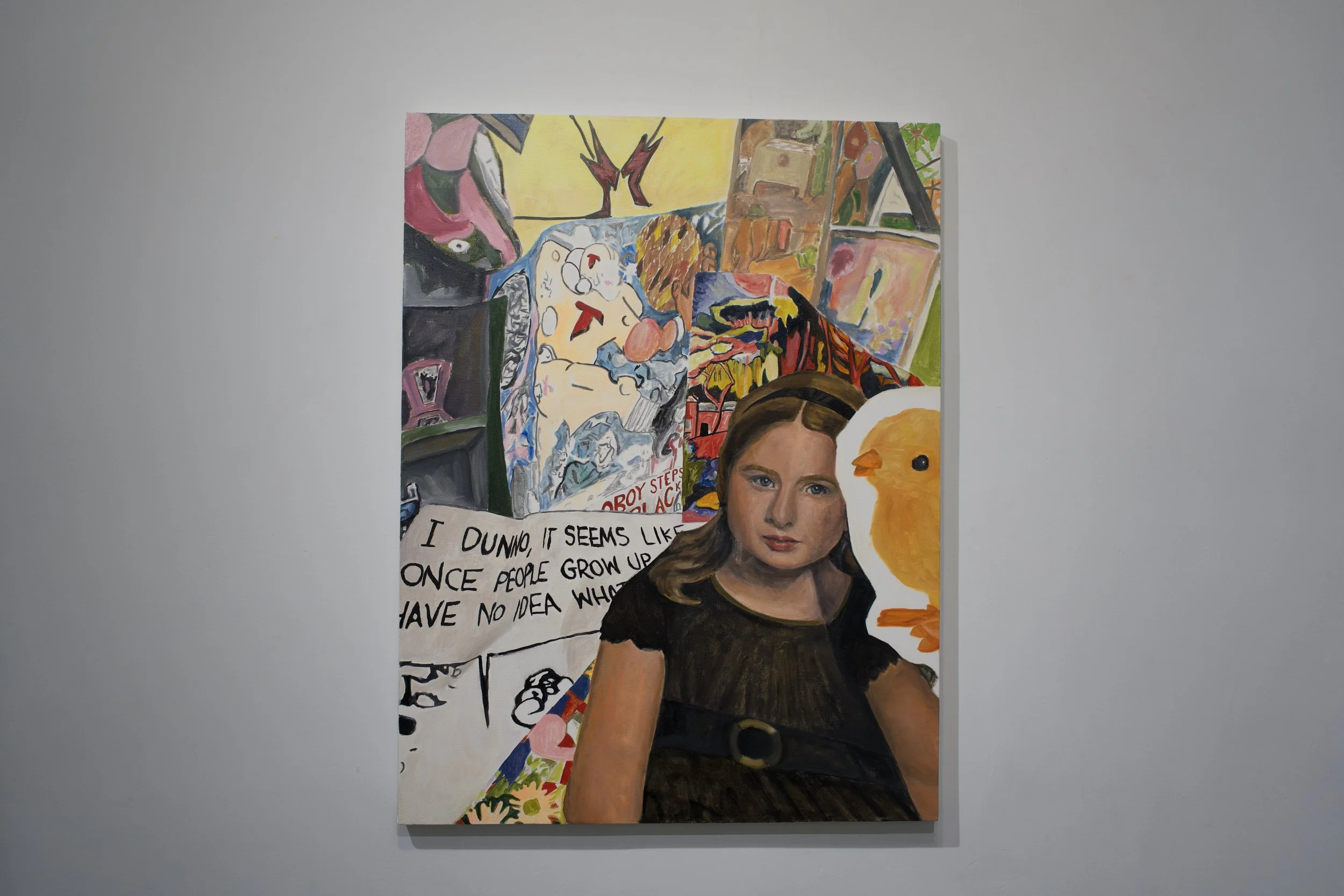 Mixed media artwork featuring a realistic portrait of a young woman with long hair, a yellow chick, vibrant abstract paintings, and a comic-style speech bubble with the text 'I DUNNO, IT SEEMS LIKE ONCE PEOPLE GROW UP HAVE NO IDEA WHAT'.