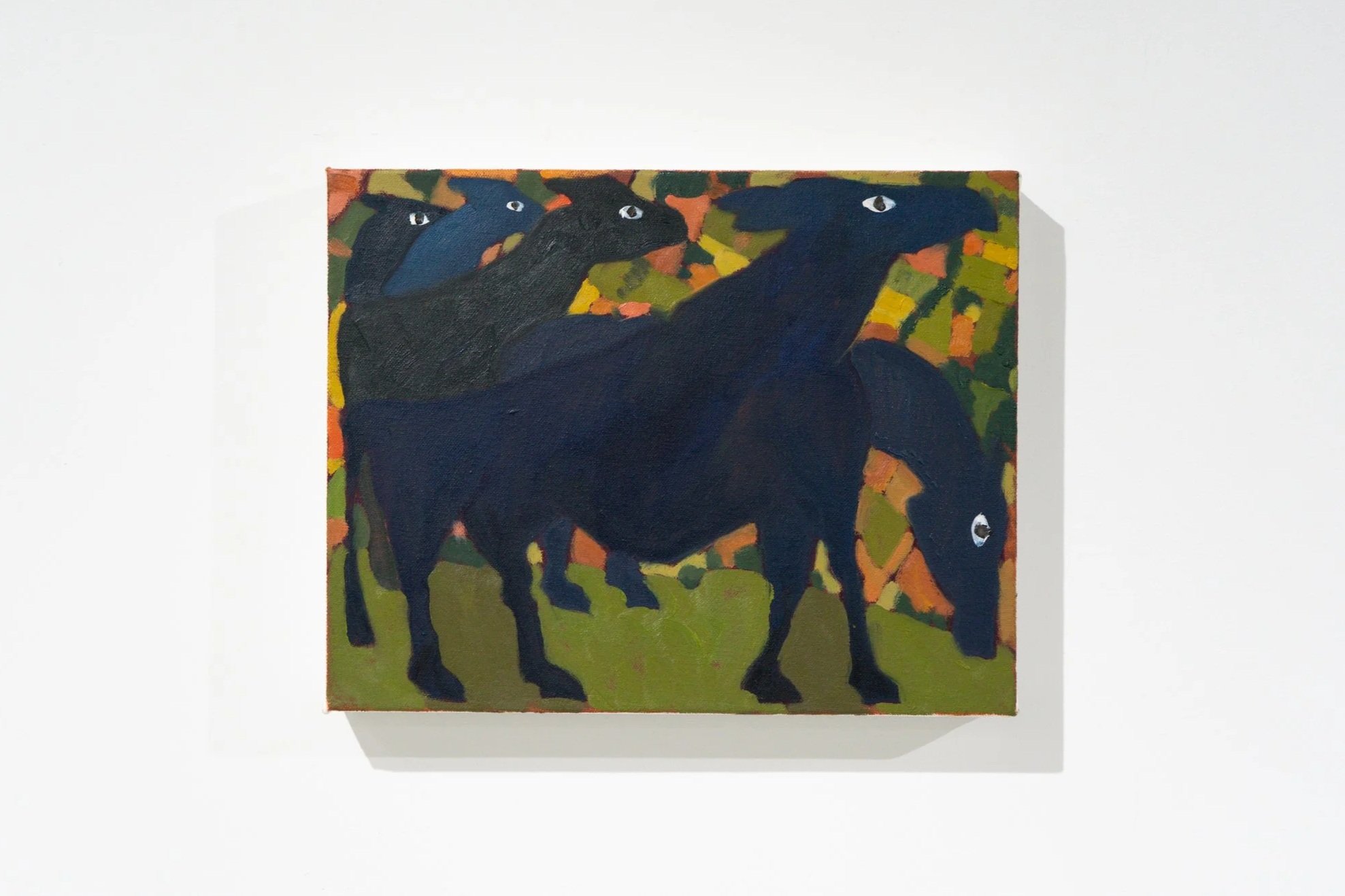 Painting of black horses with white eyes against a colorful, abstract background.