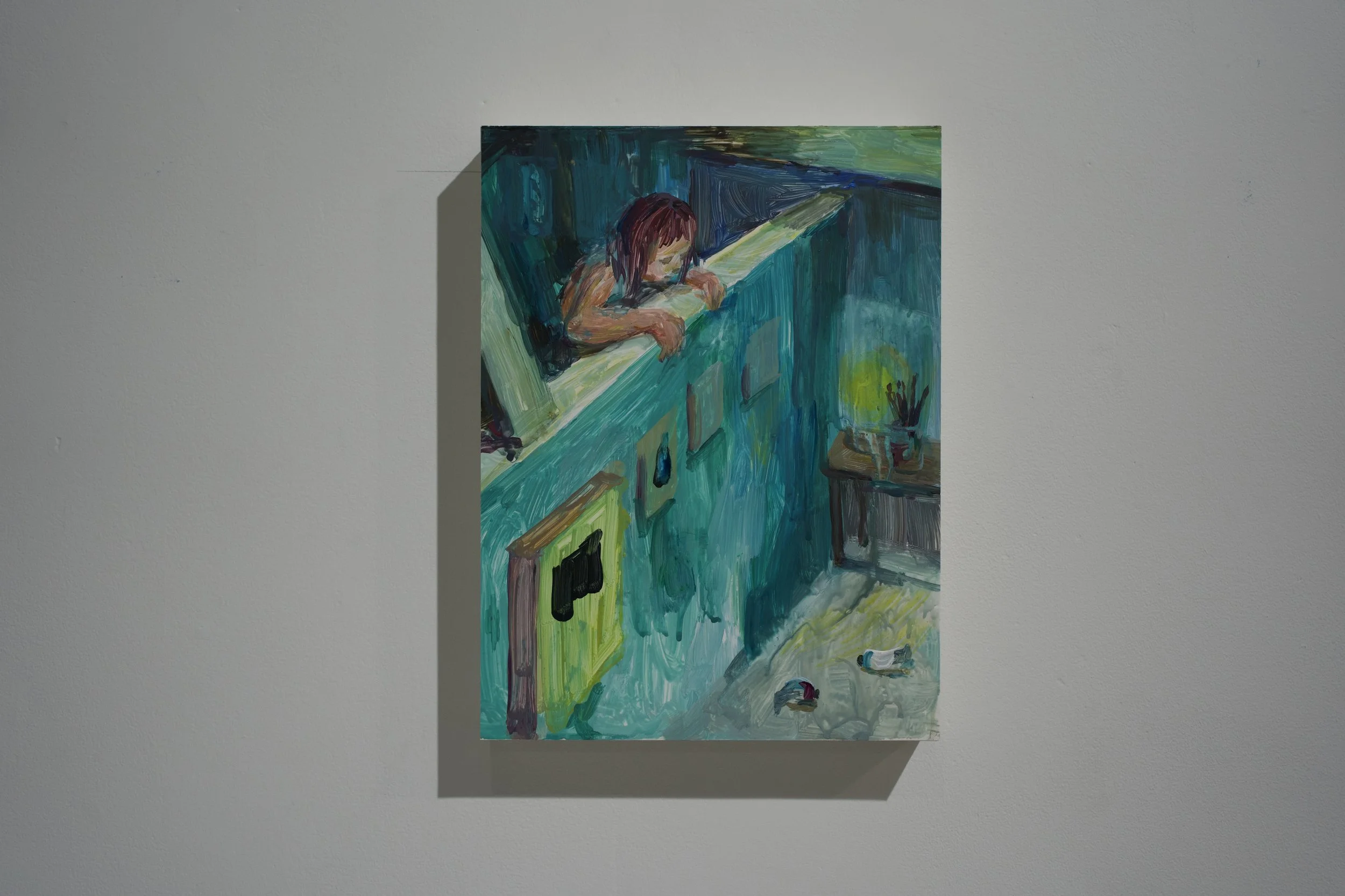 A colorful painting of a girl leaning over a windowsill, looking down into a room with a table and some objects on it, possibly in an abstract or impressionistic style.