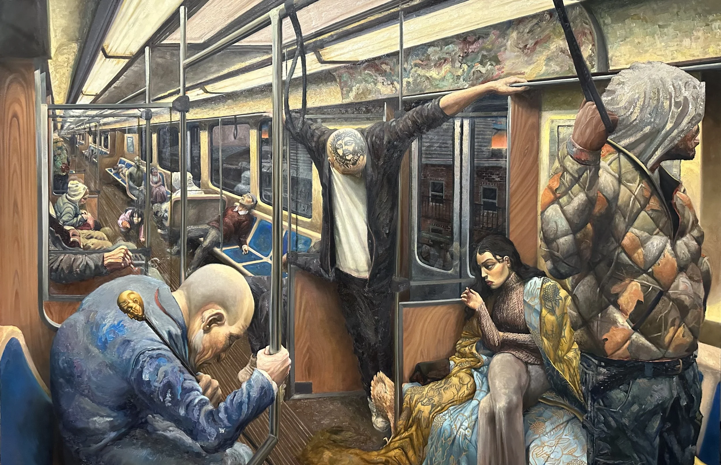 A detailed mural of a crowded subway train with various passengers, including a hanging Christian crucifix, a woman with tattoos, and a man wearing a patterned hoodie, depicted in a realistic, artistic style.