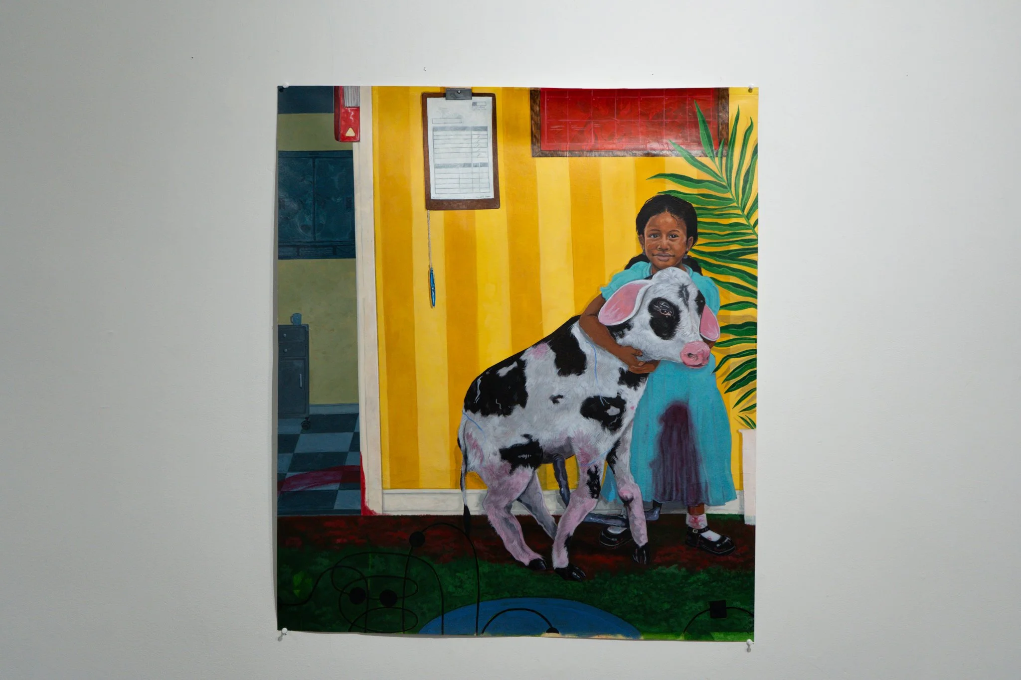 Painting of a girl standing next to a large cow with spots, inside a colorful room with a yellow wall and green plant.