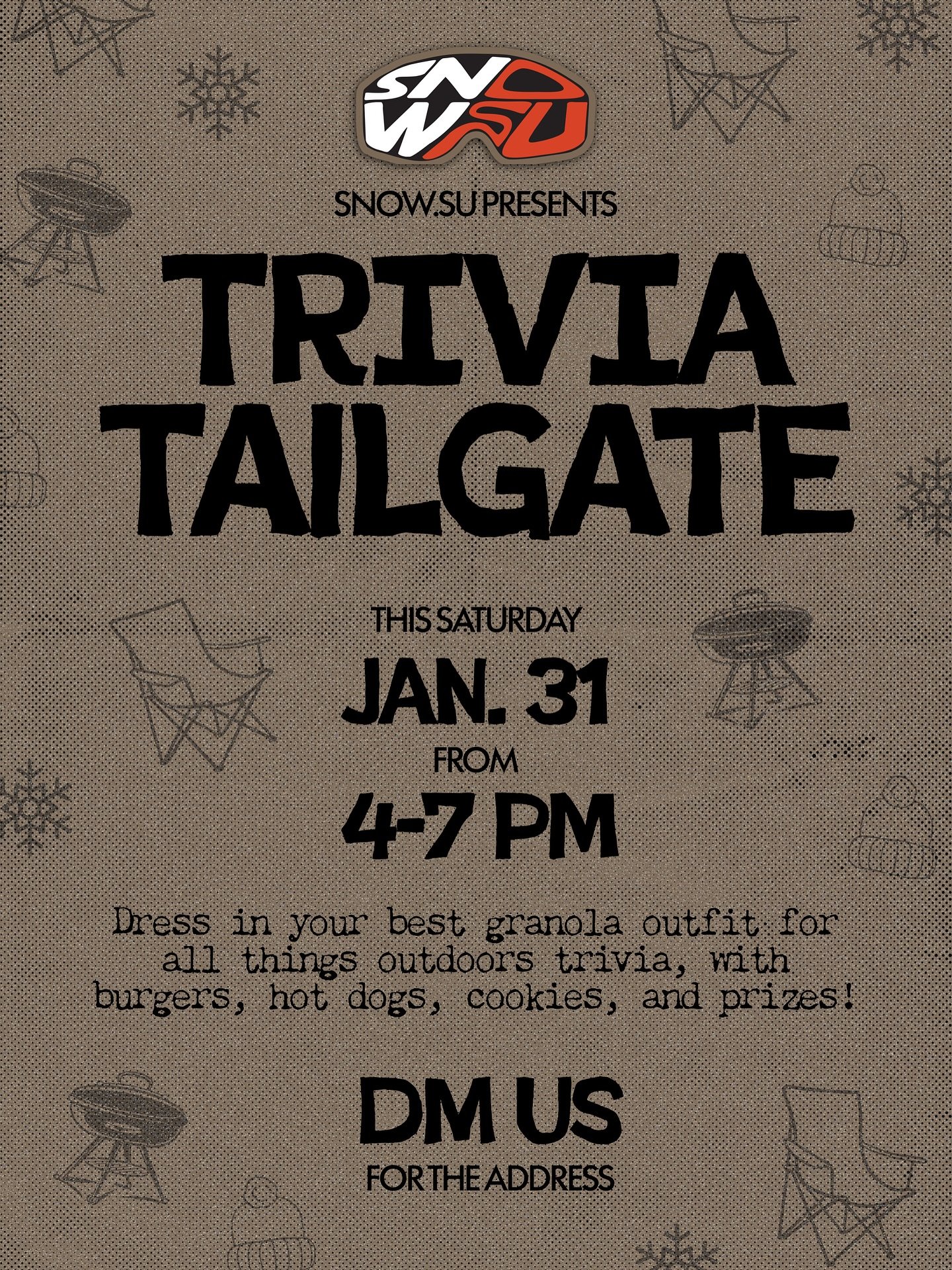 Change of plans!!!

Due to the lack of snow across Oregon, we have decided to cancel our intended tailgate to @skiwillamette and instead are having a trivia/tailgate in Corvallis this Saturday. Wear your most granola for and come join us in a cut thr