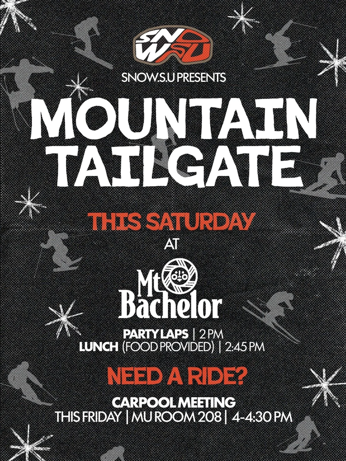 Change of plans!!!

We apologize for the late notice, but due to terrain conditions (only Sleepy Hallow would be open) @skiwillamette, we are moving our tailgate tomorrow to @mtbachelor. Times will still be the same, and as always if you need a ride 