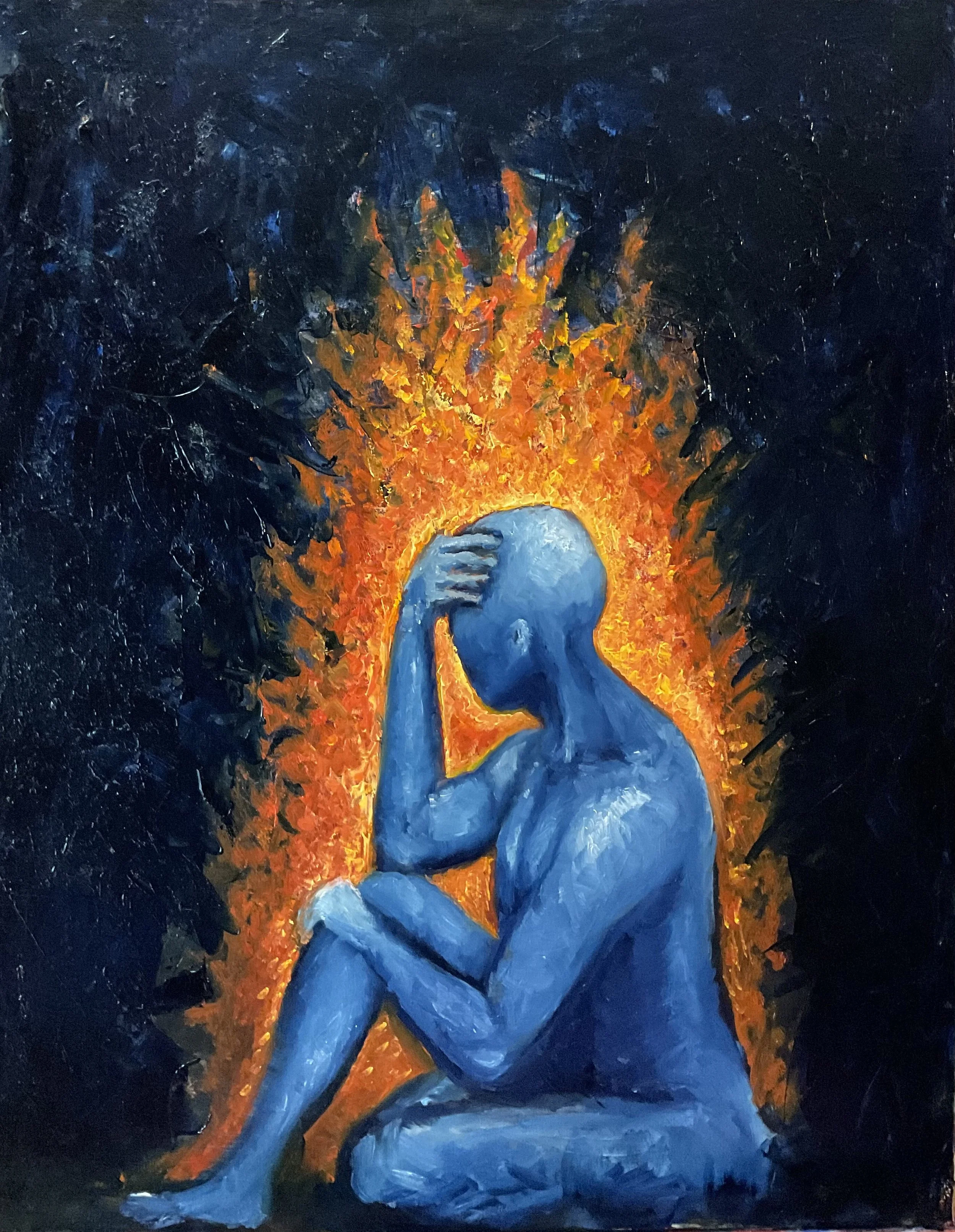 A blue-toned painting of a seated, nude human figure with one hand on their head, surrounded by a fiery orange and yellow aura against a dark background.
