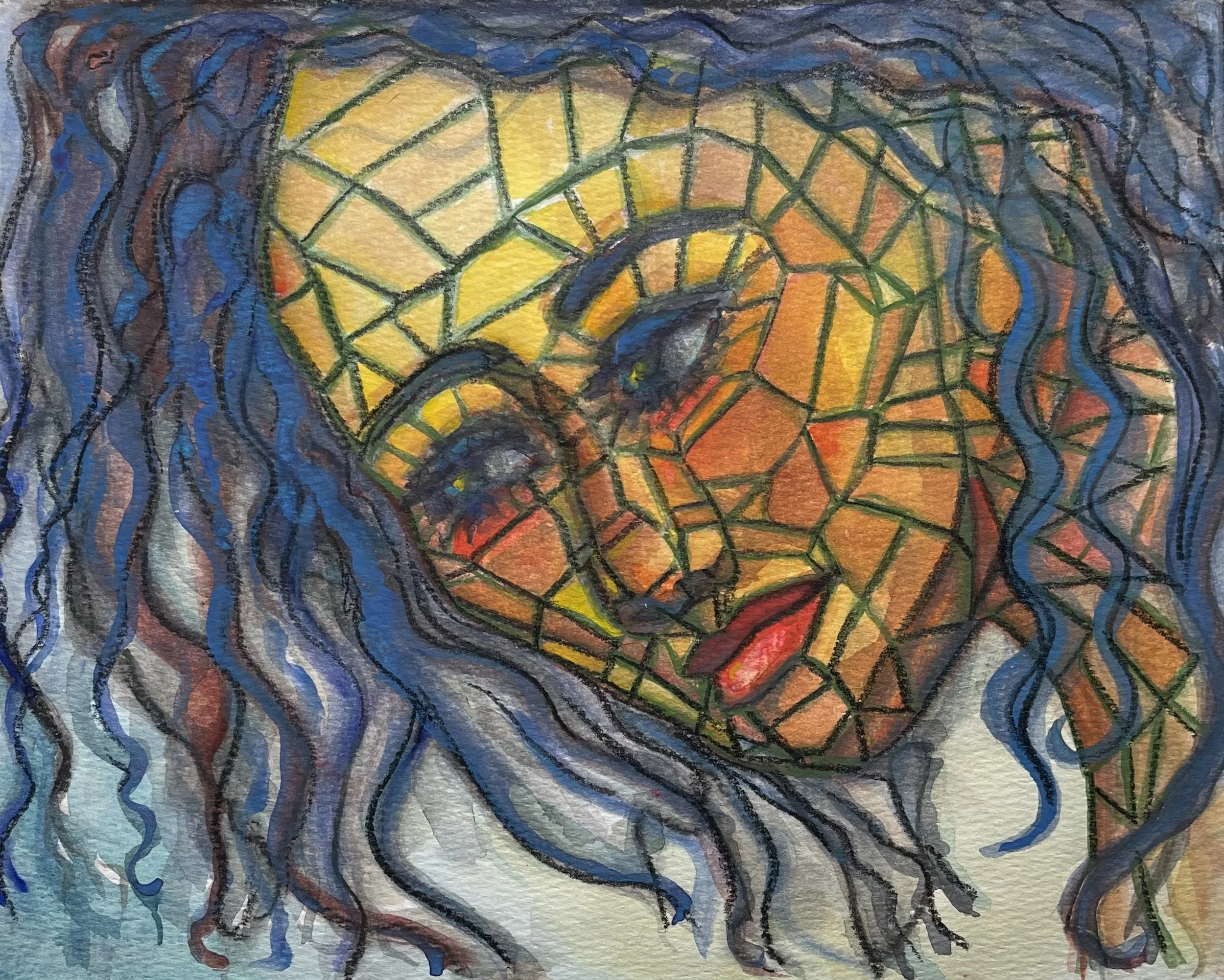 Watercolor painting of a woman's face with long, wavy blue hair. The face has a mosaic-like pattern with shades of yellow, orange, and red, and expressive eyes, lips, and eyebrows.
