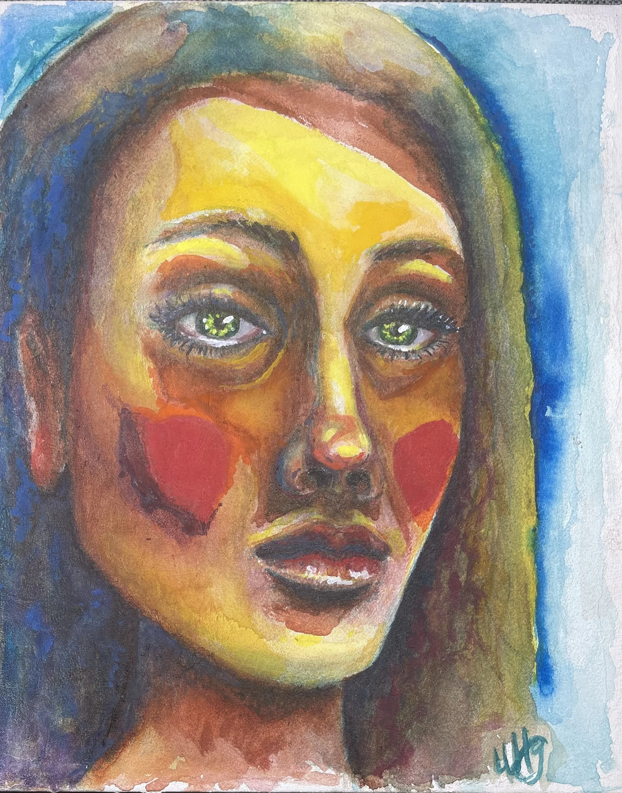 A colorful portrait of a woman with green eyes, dark hair, and makeup featuring red blush on her cheeks and dark lipstick.