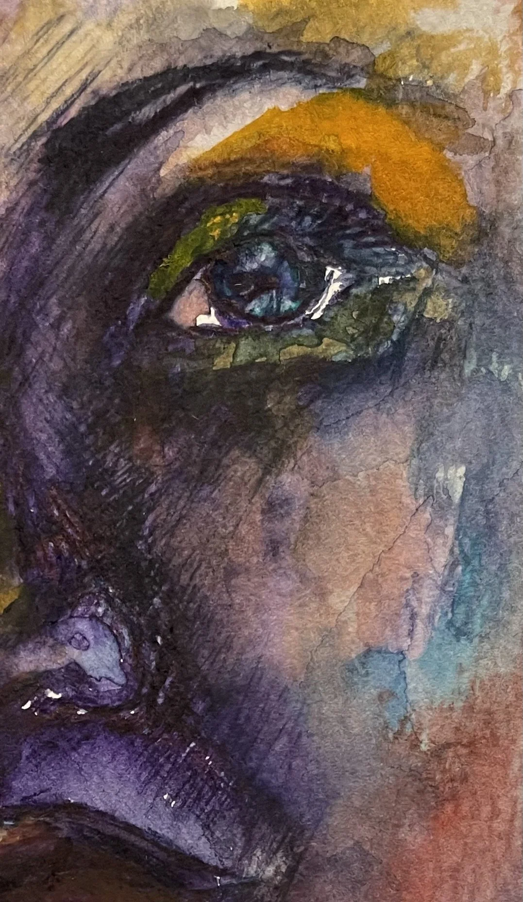 Close-up of a painted portrait of a woman's face, focusing on her eye, with visible brushstrokes and a mix of vibrant colors like purple, yellow, and blue.