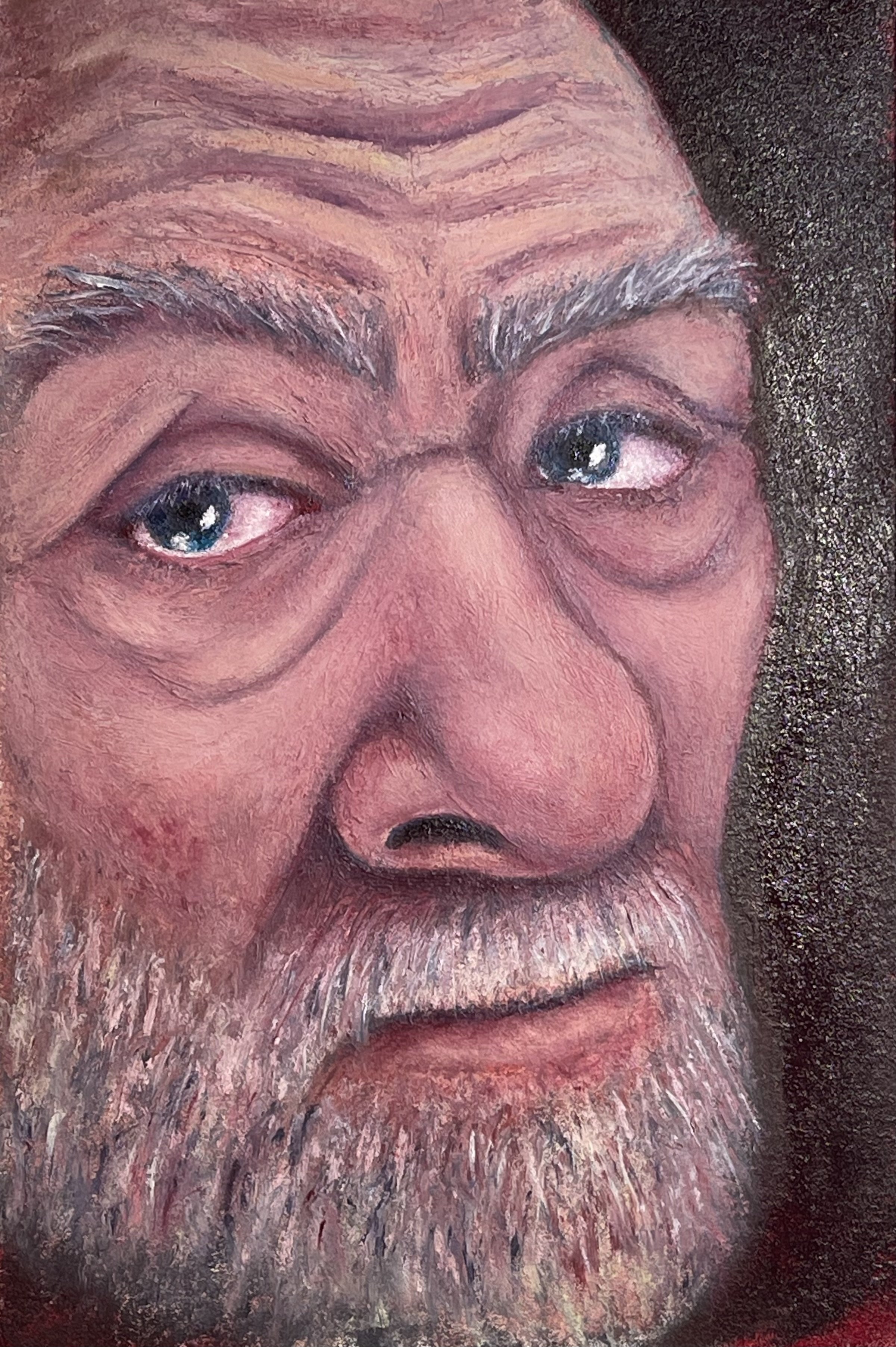 A close-up portrait of an older man with a full white beard and mustache, gray eyebrows, and expressive blue eyes. The painting shows detailed facial wrinkles and skin texture, with warm earthy tones.