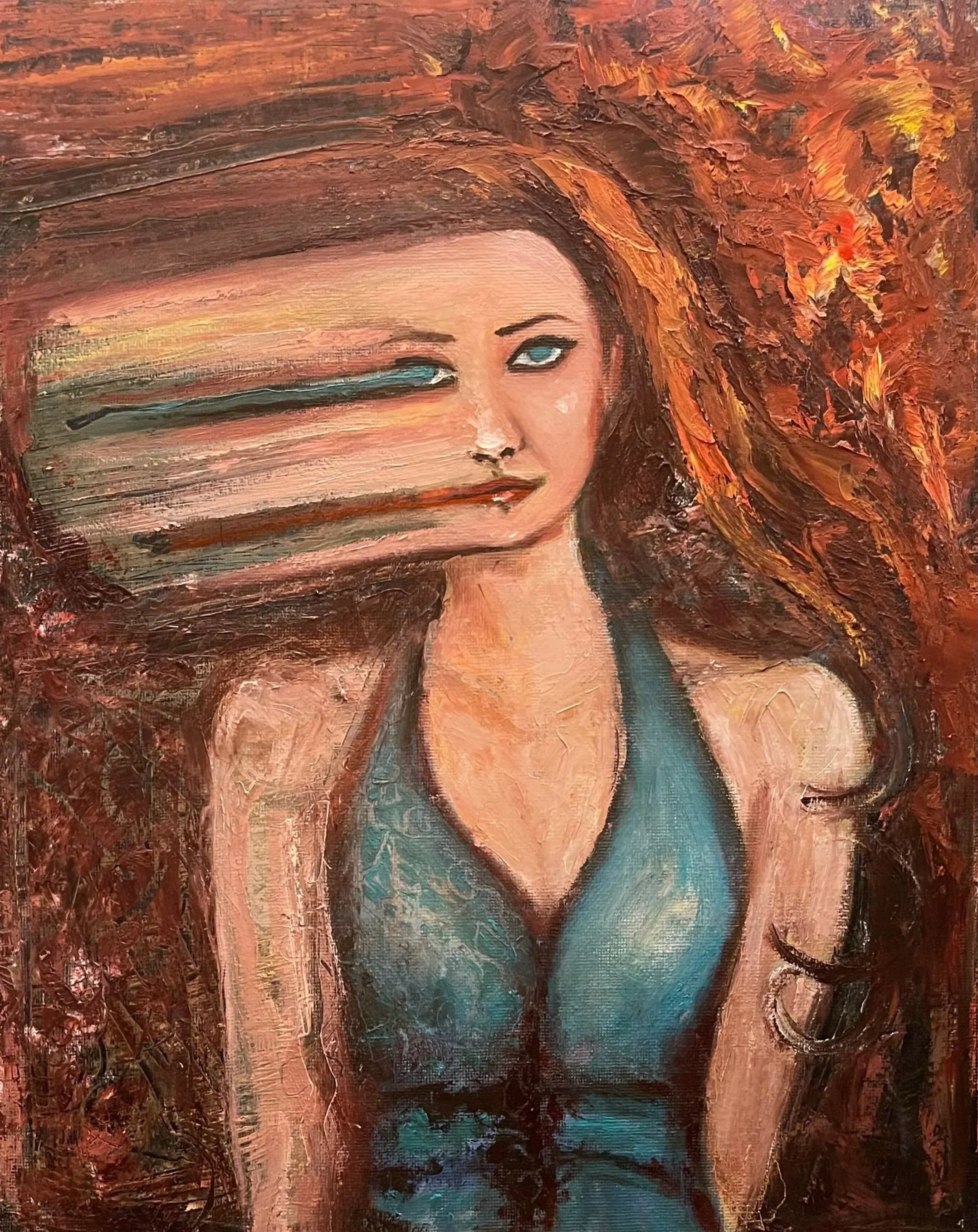 An abstract painting of a woman with long, flowing hair. One eye is open, the other is blurry, and she wears a blue top. The background is textured with warm, earthy tones.