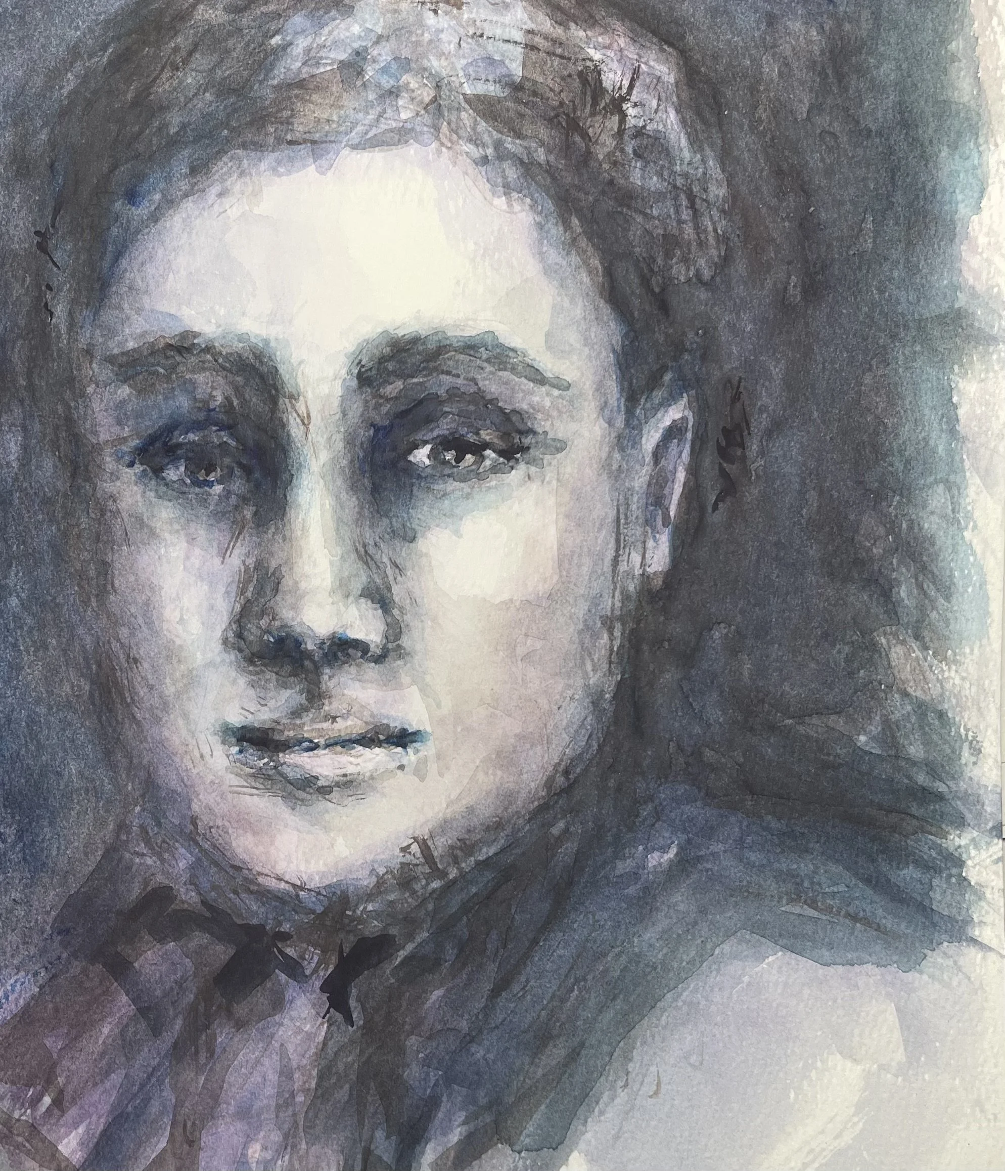 Watercolor portrait of a woman with light skin, dark hair, and a neutral expression, looking slightly to the right.